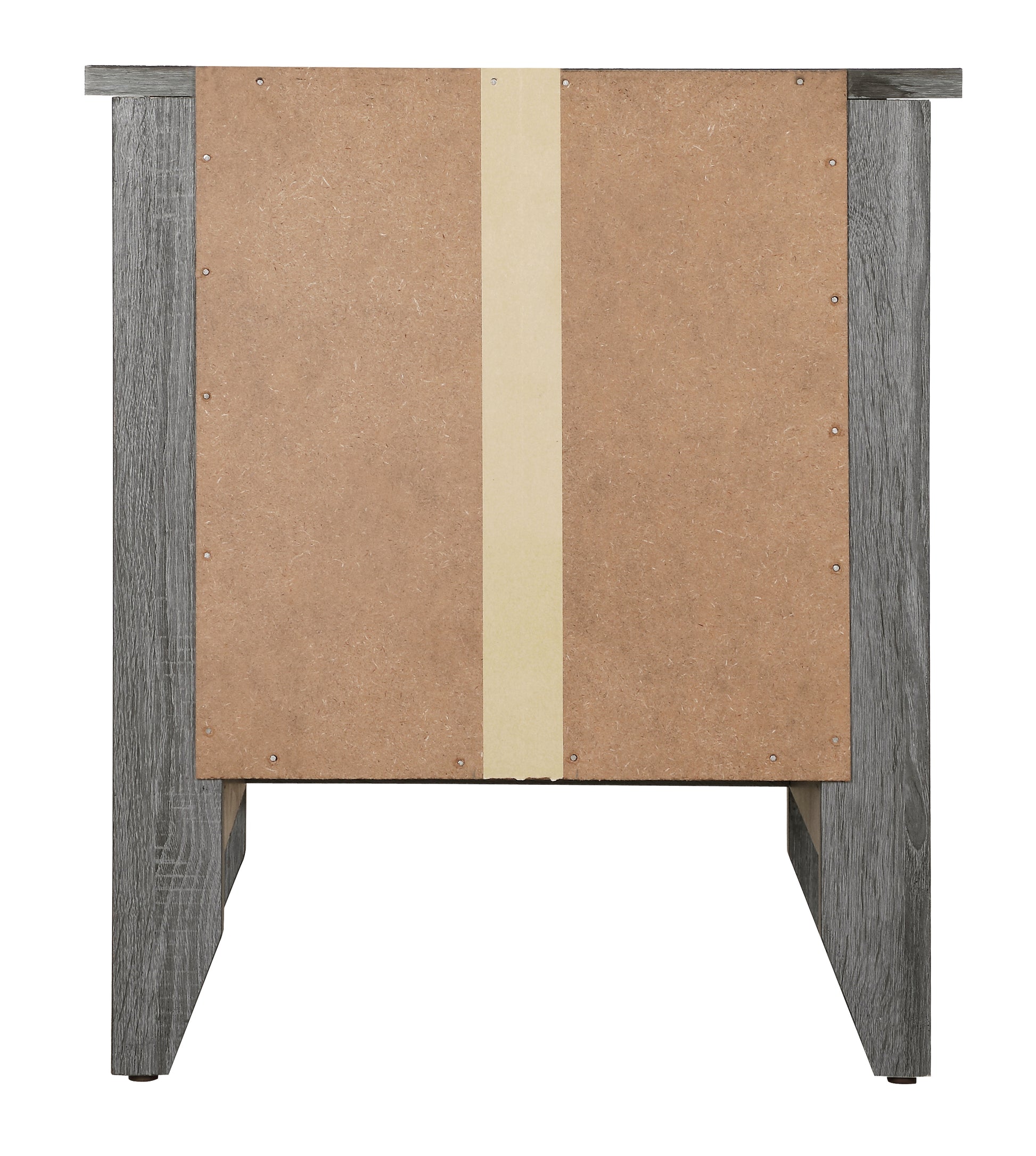 Back panel of a gray woodlook nightstand showcasing unfinished particle board construction