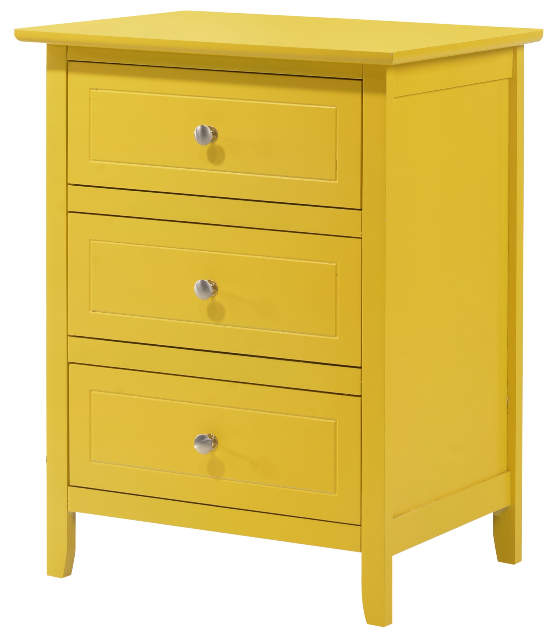 Bright yellow threedrawer nightstand with silver knobs perfect for bedroom storage