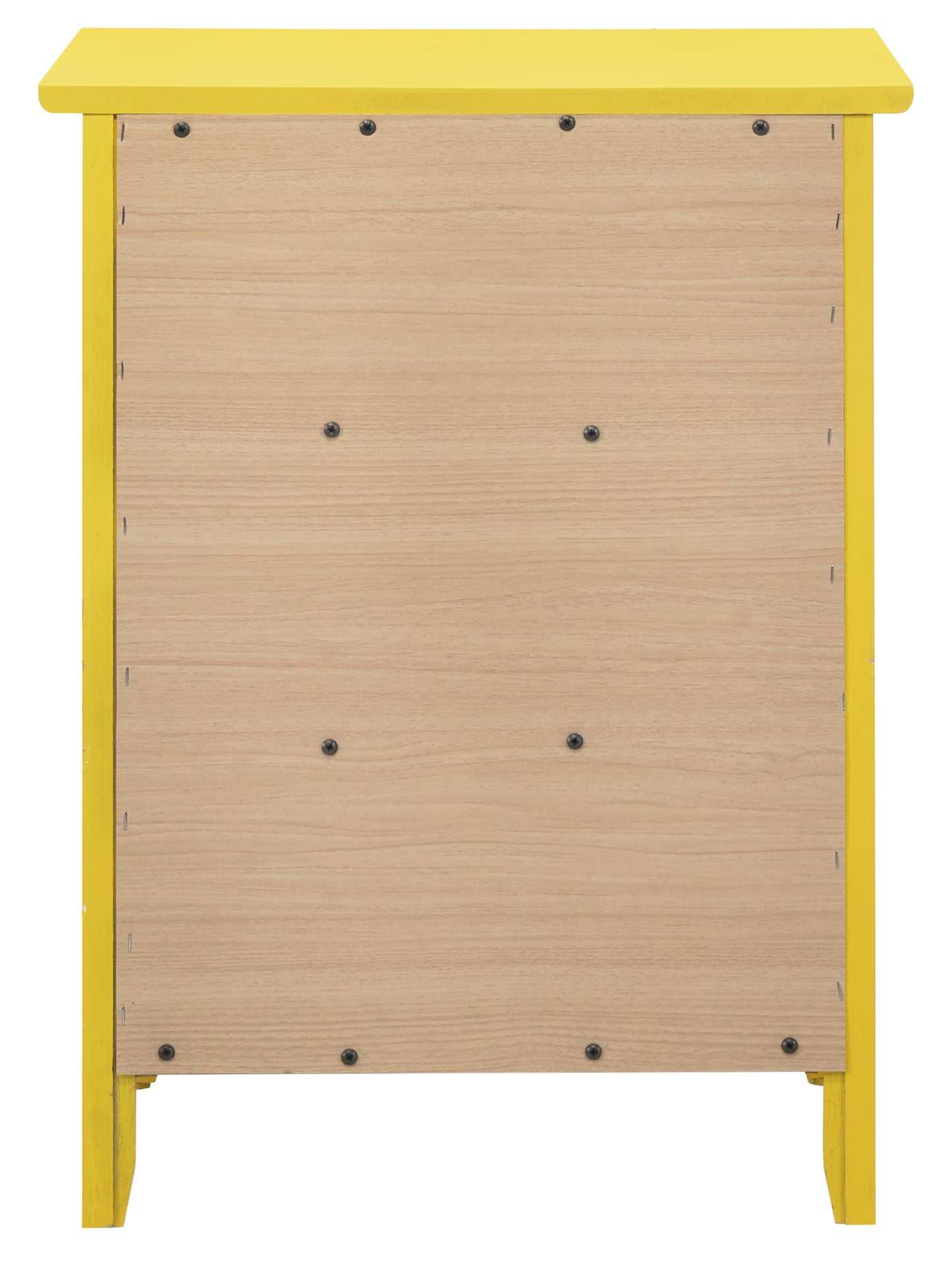 Back view of yellow wooden nightstand with natural wood paneling and visible screws