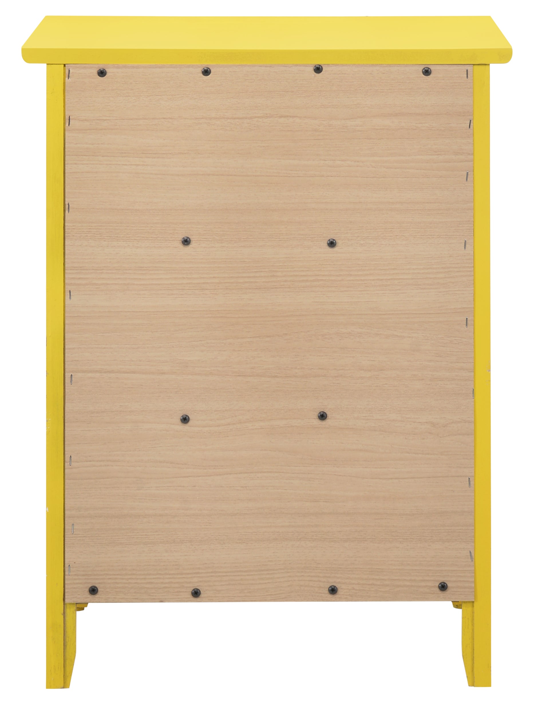 Back view of yellow wooden nightstand with natural wood paneling and visible screws