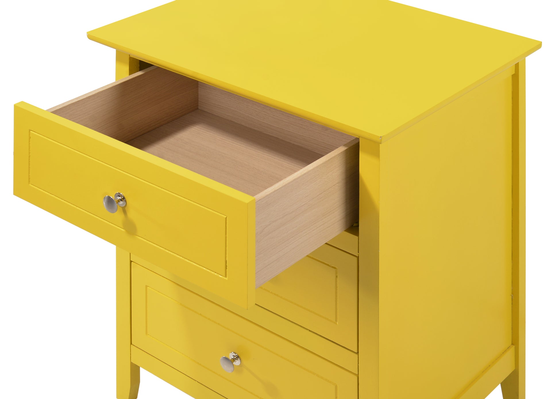 Bright yellow bedside table with three drawers one partially open
