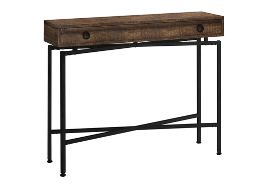 Rustic wood console table with one drawer and black metal legs perfect for entryways