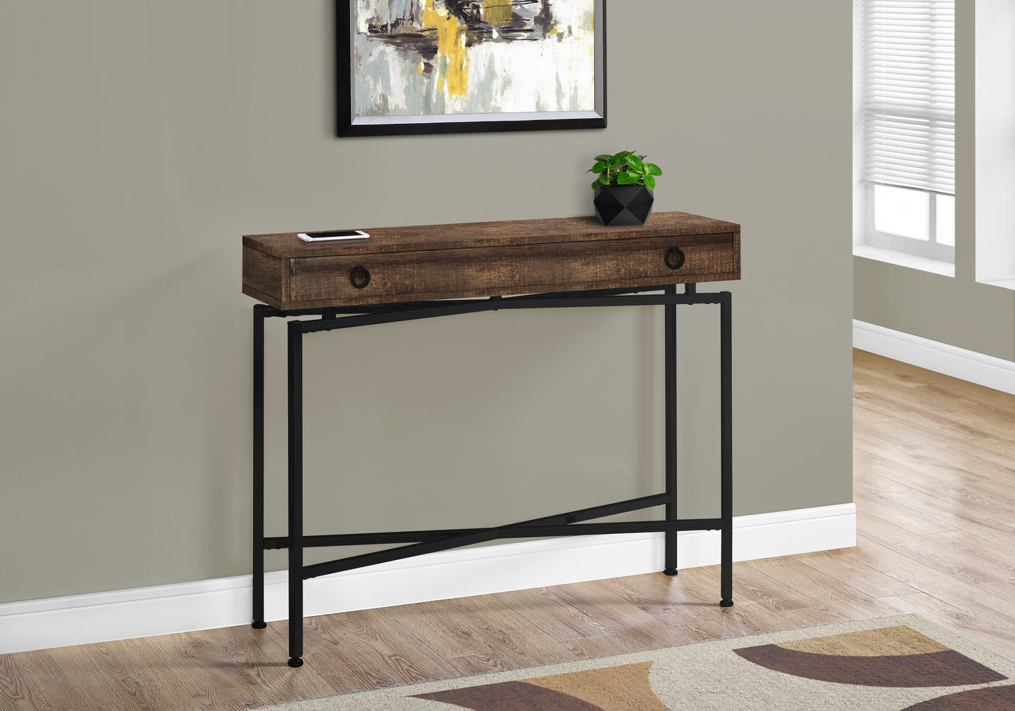 Rustic brown wood console table with black metal frame and a single drawer perfect for entryways