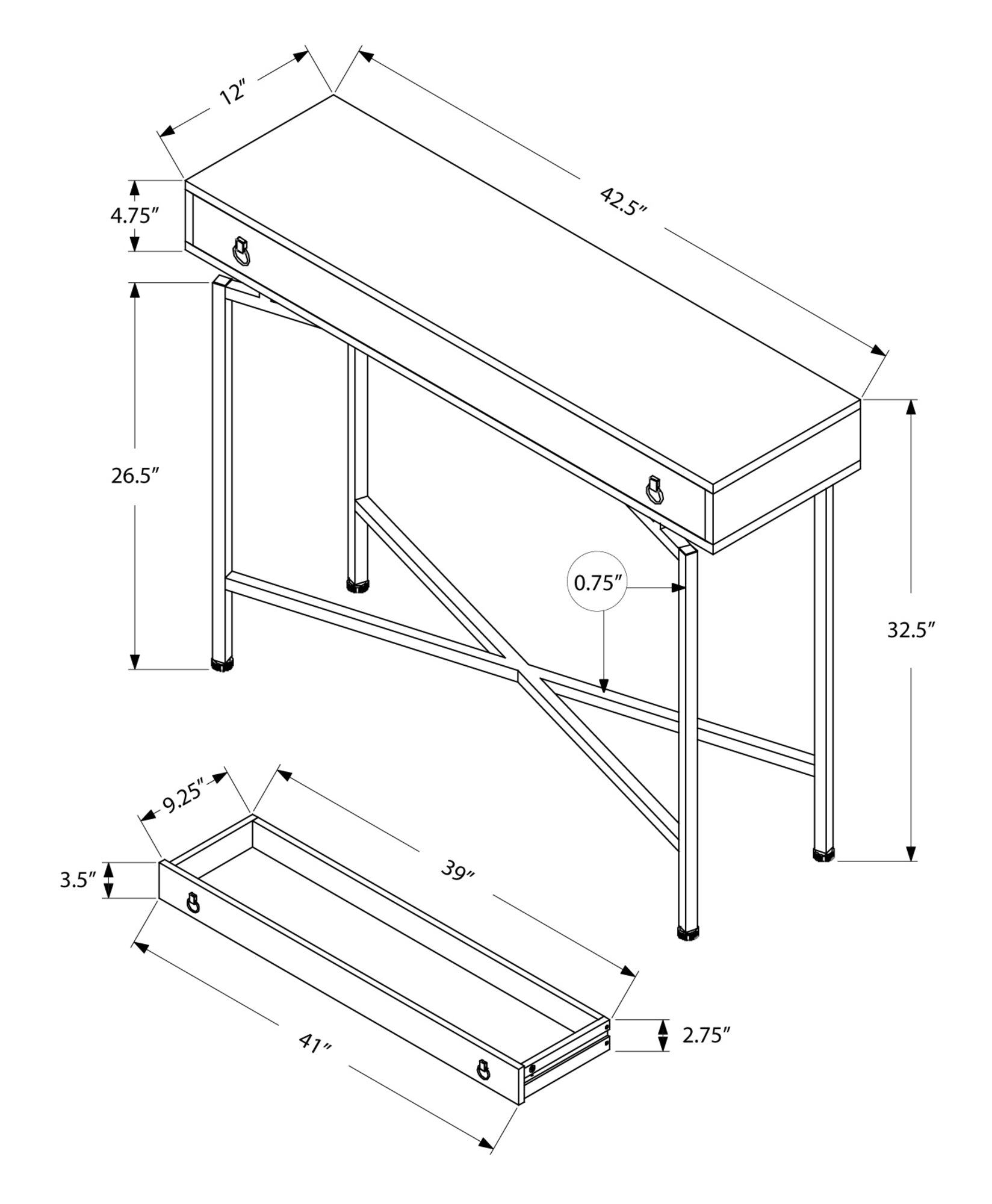 Technical drawing of a narrow console table  W x  D x  H with dimensions labeled