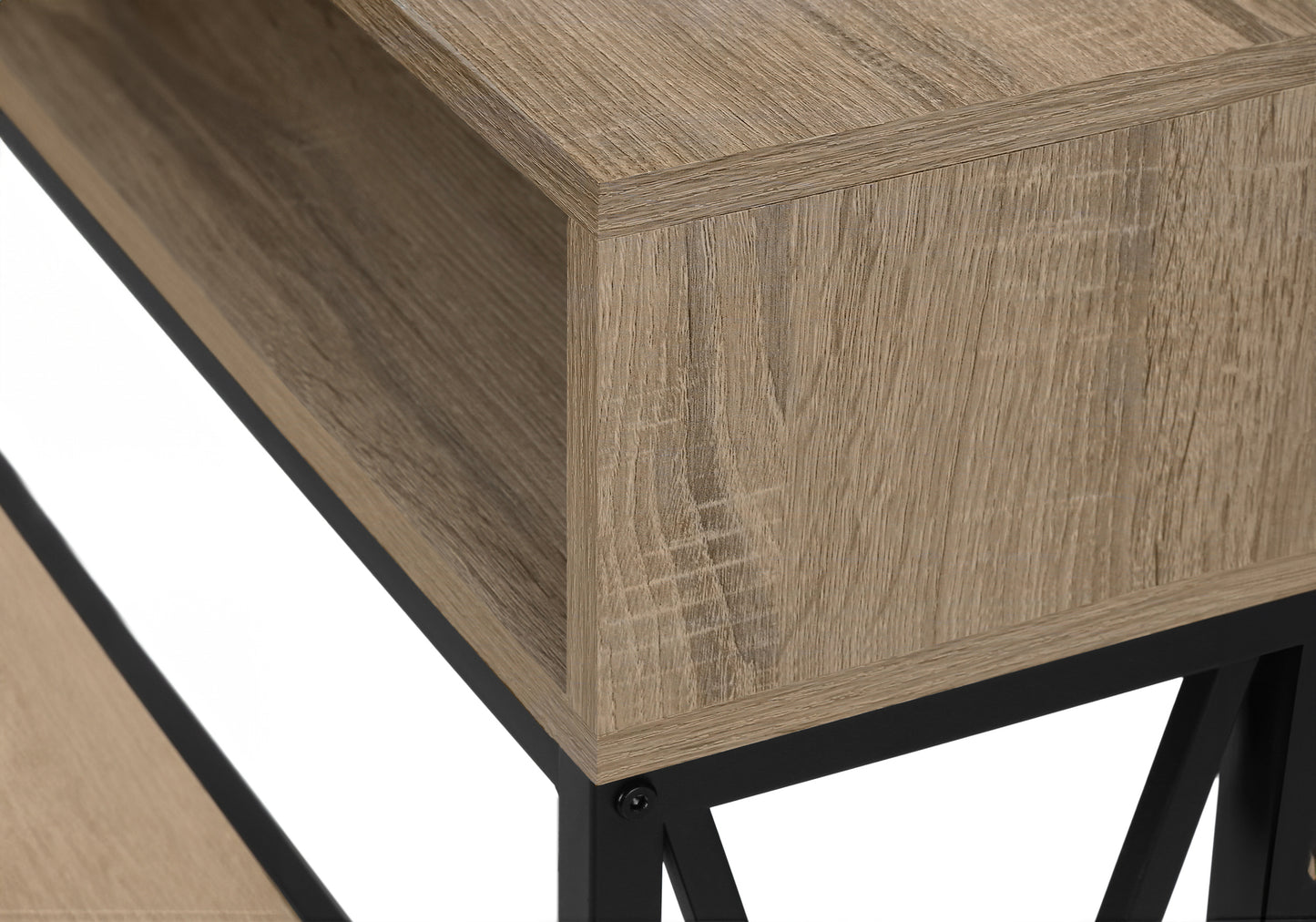 Closeup of a rustic oak veneer shelf with a black metal frame