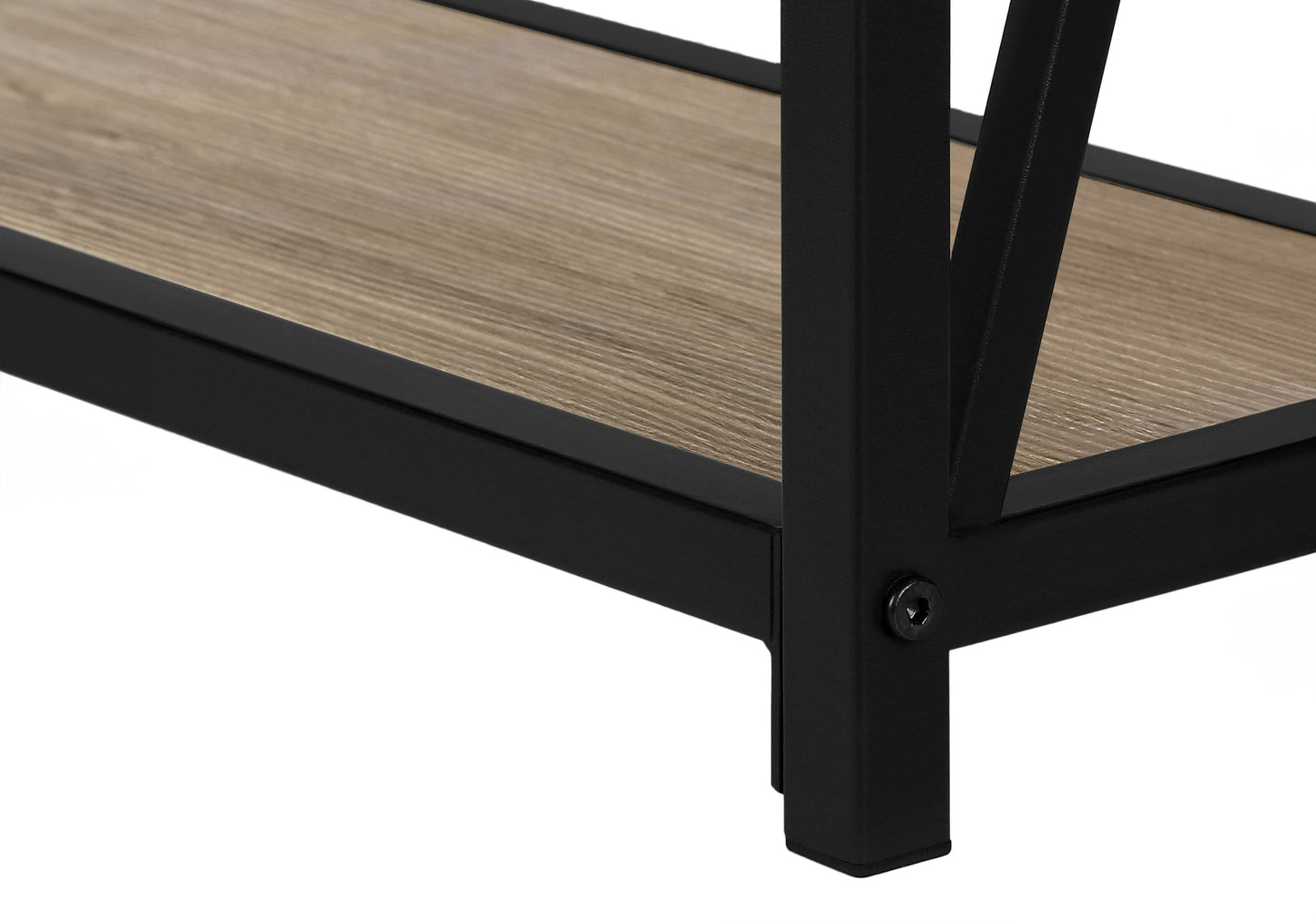 Closeup of rustic oak wood shelf with black metal frame detail