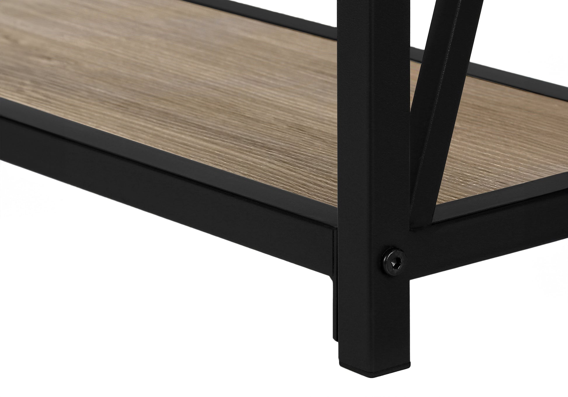 Closeup of rustic oak wood shelf with black metal frame detail
