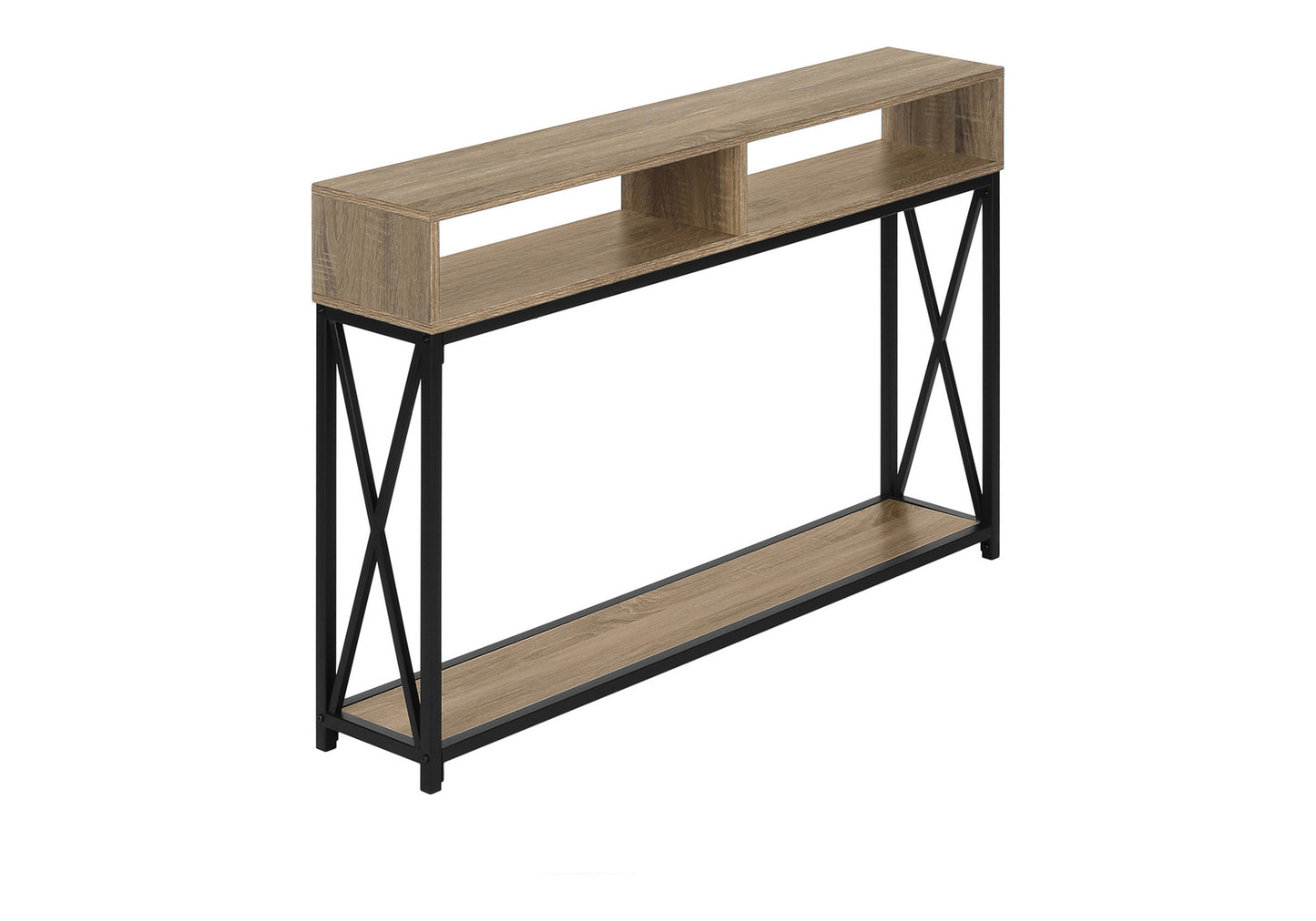 Modern console table with oaklook wood shelves and black metal frame perfect for entryways