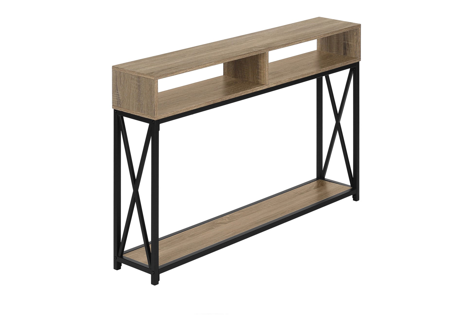 Modern console table with oaklook wood shelves and black metal frame perfect for entryways
