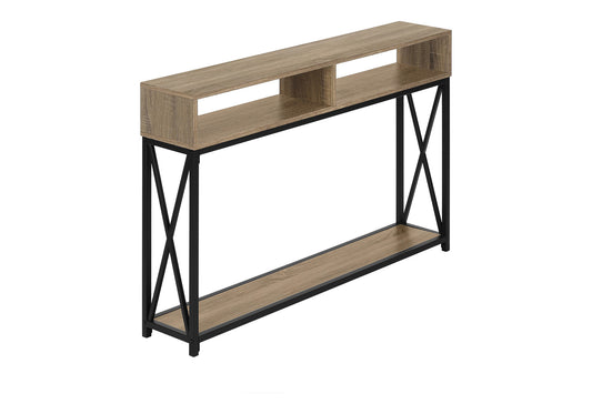 Modern console table with oaklook wood shelves and black metal frame perfect for entryways