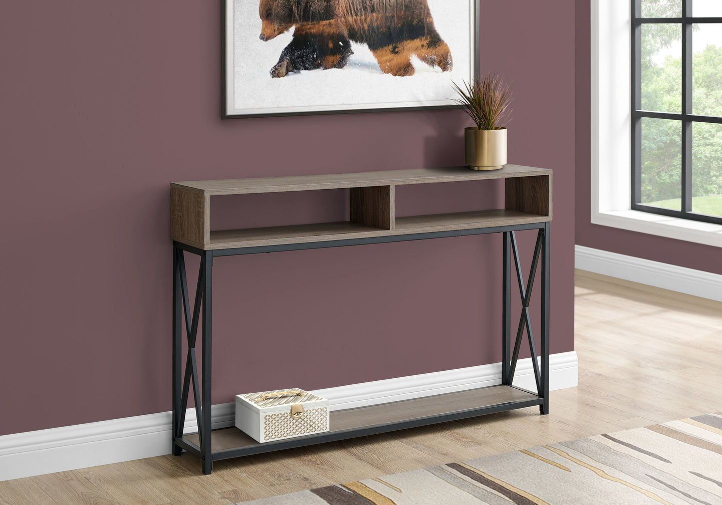 Modern gray wood console table with black metal frame two open shelves accent decor