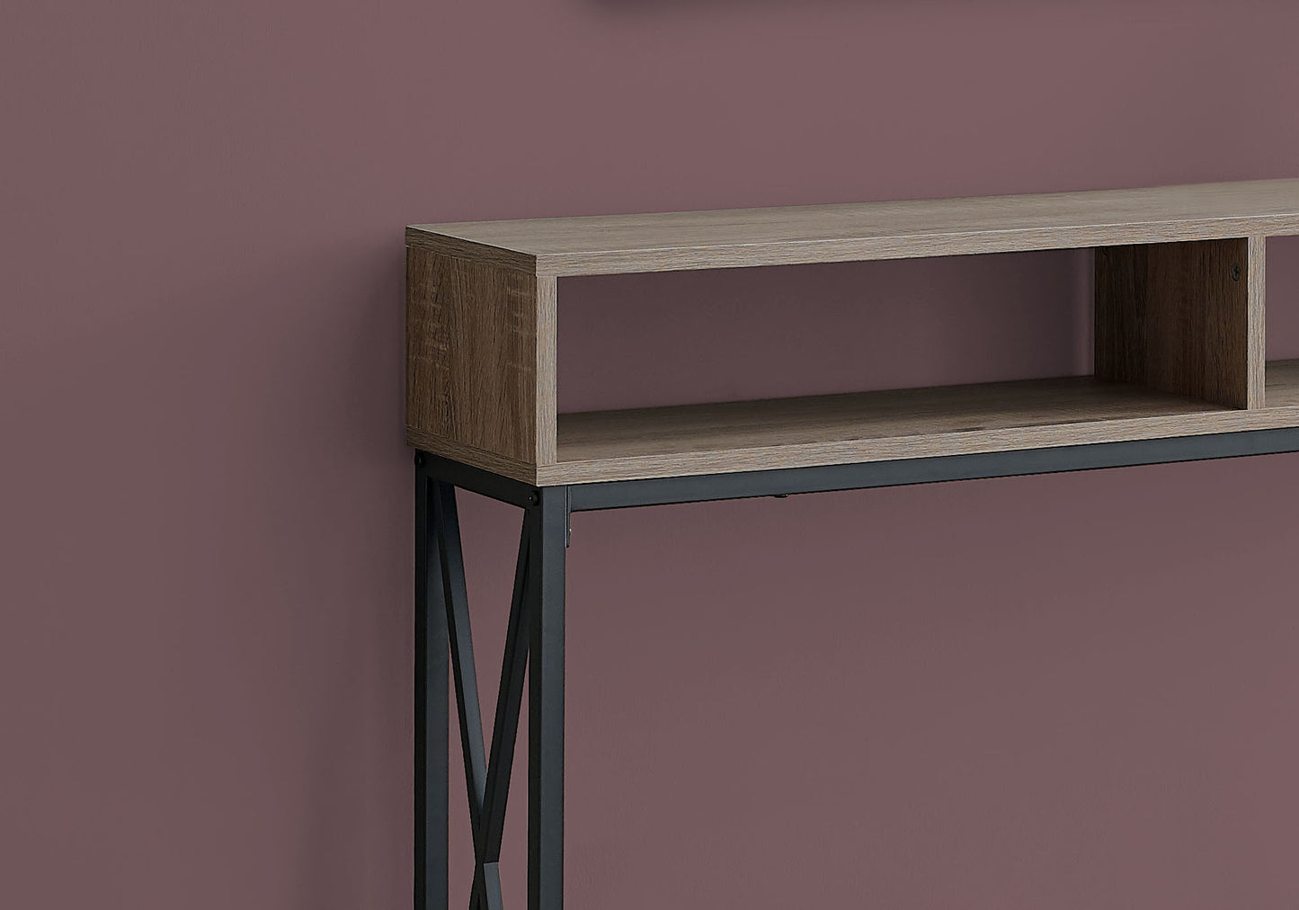 Modern oak effect console table with open shelving and industrial metal legs