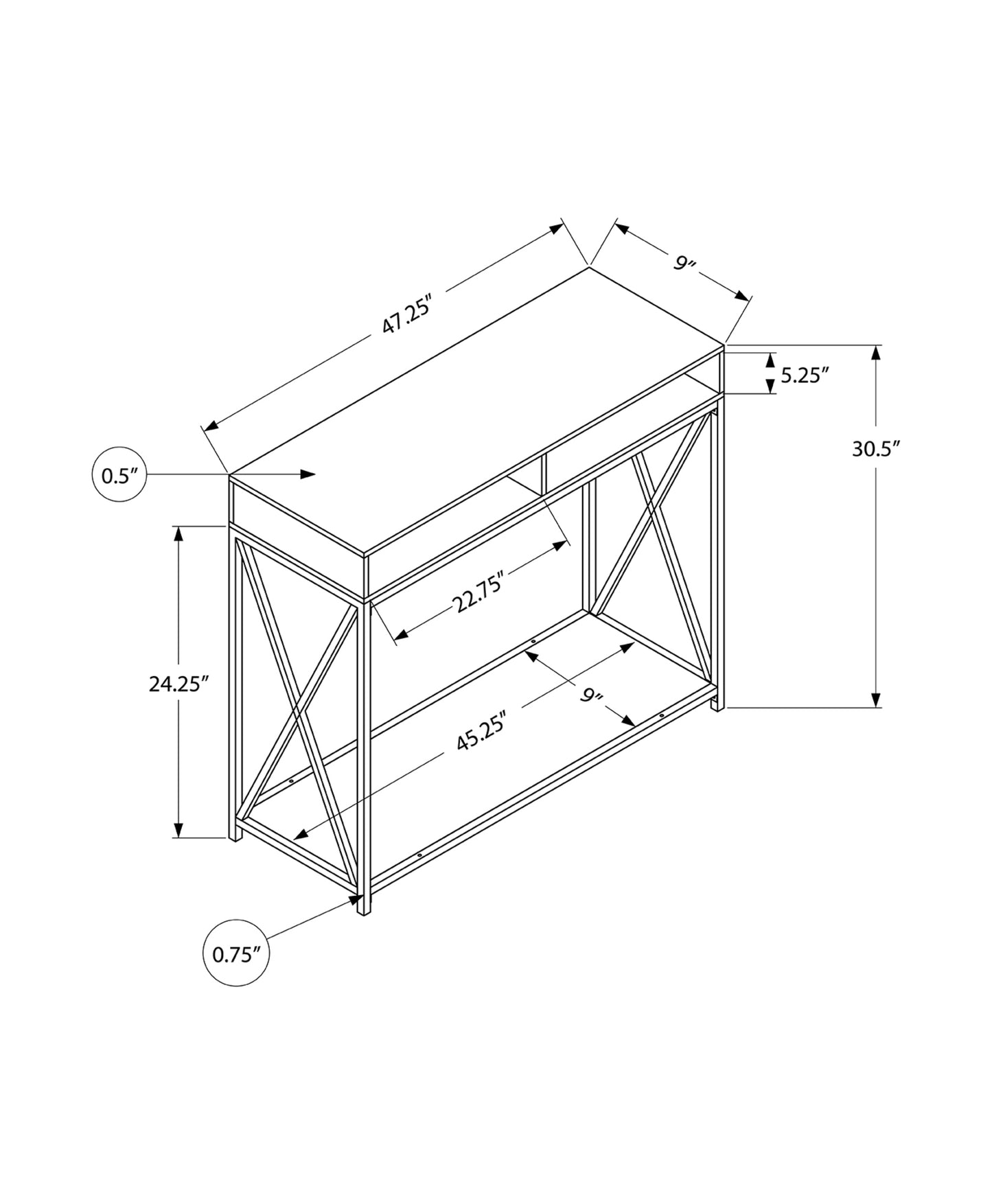 Console table diagram  L x  W x  H