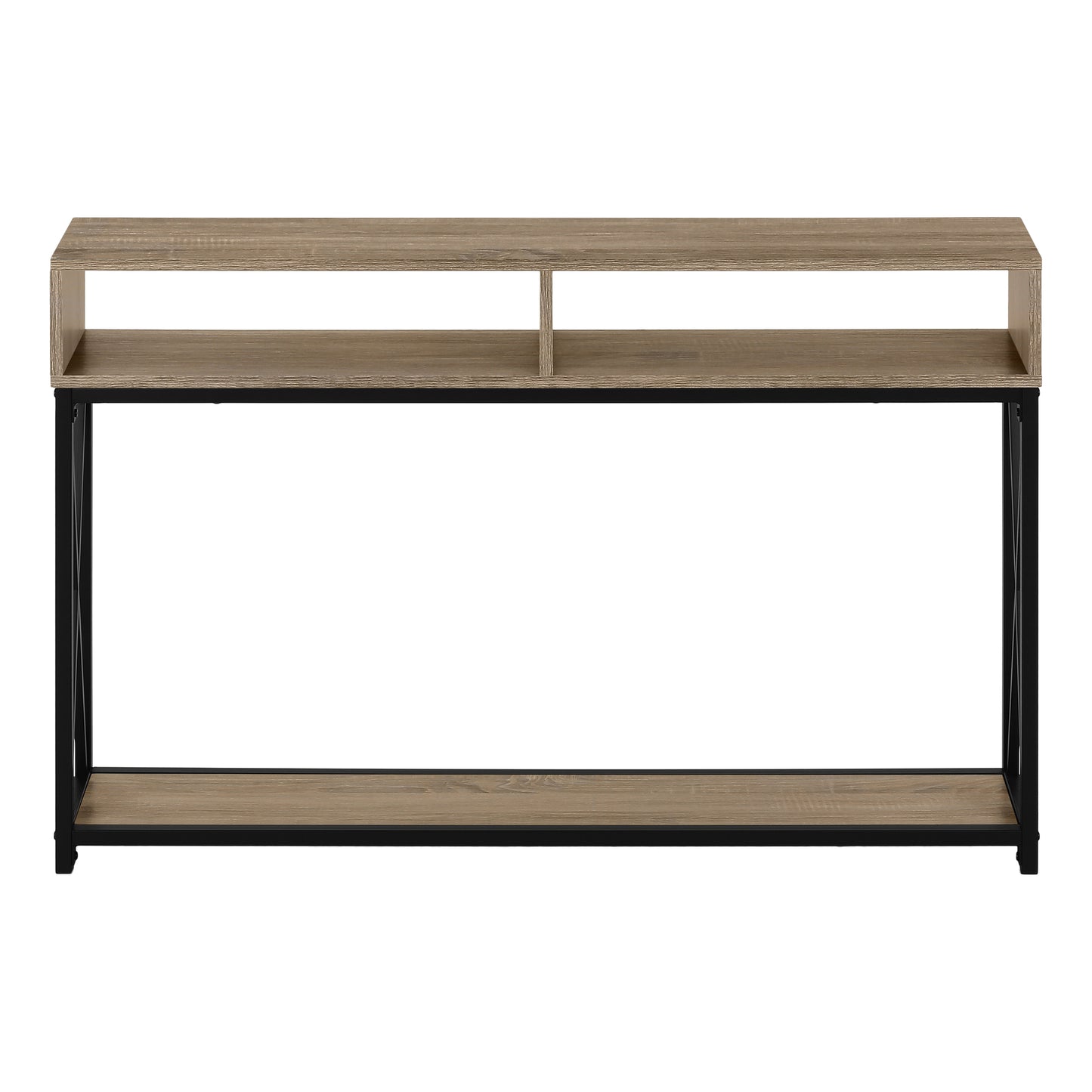 Modern console table with oak finish and black metal frame  tiers for storage
