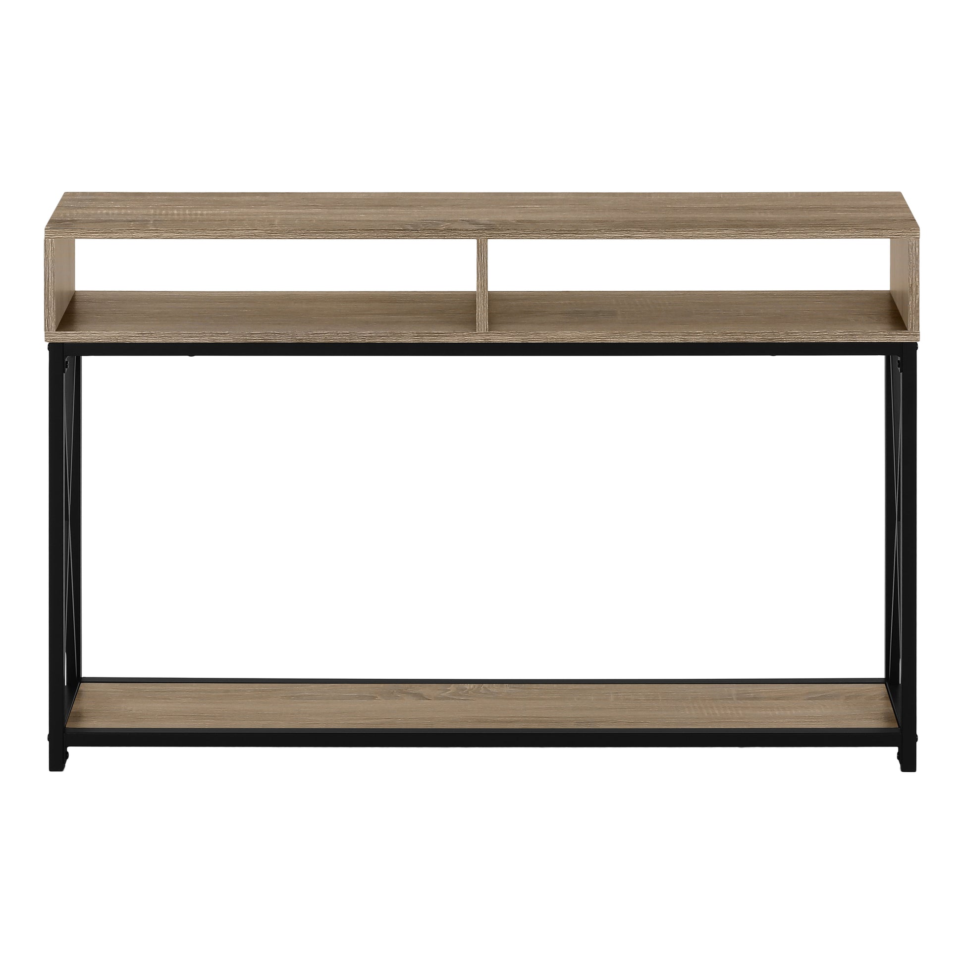 Modern console table with oak finish and black metal frame  tiers for storage