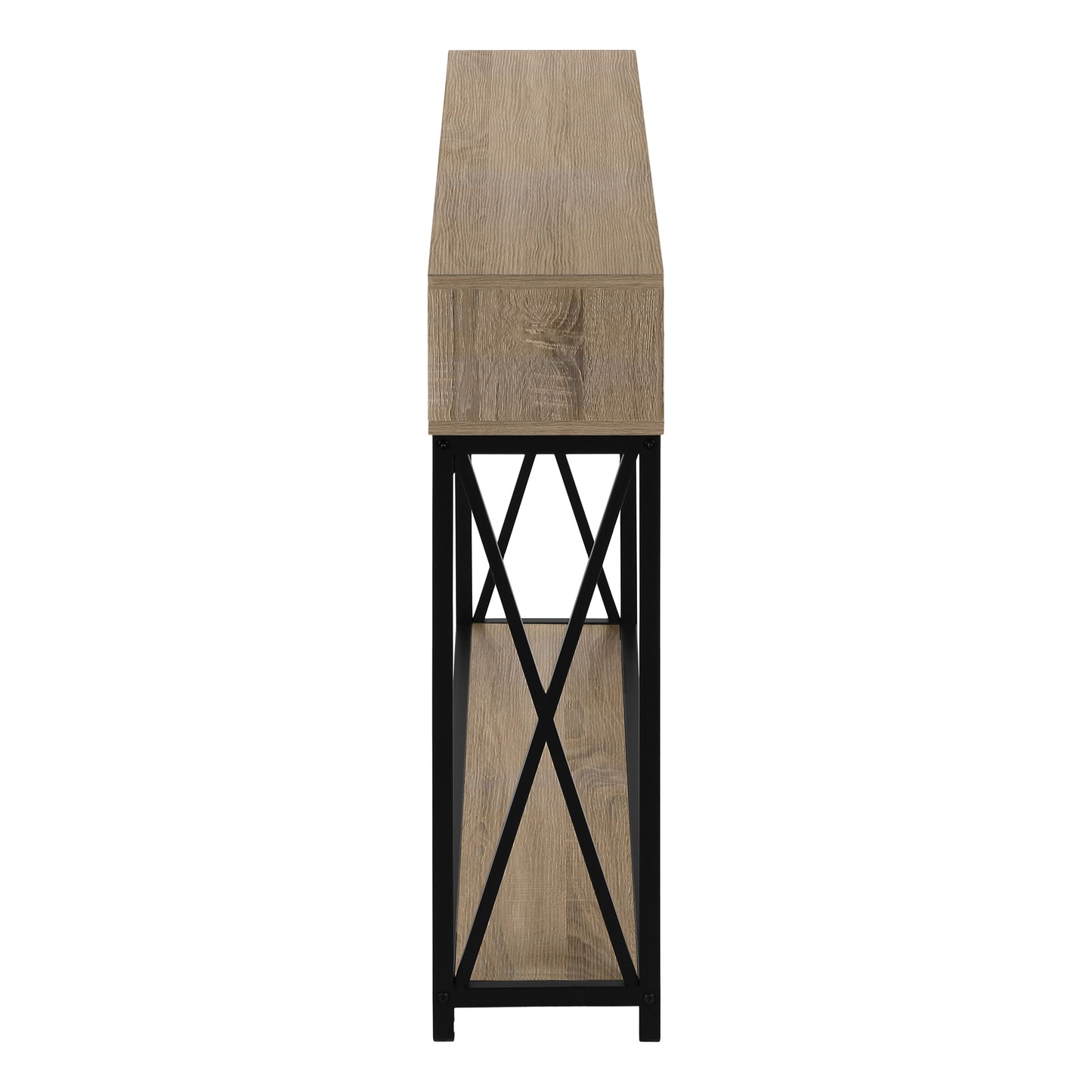 Rustic wood grain console table with black metal Xframe legs and open shelving for entryway decor