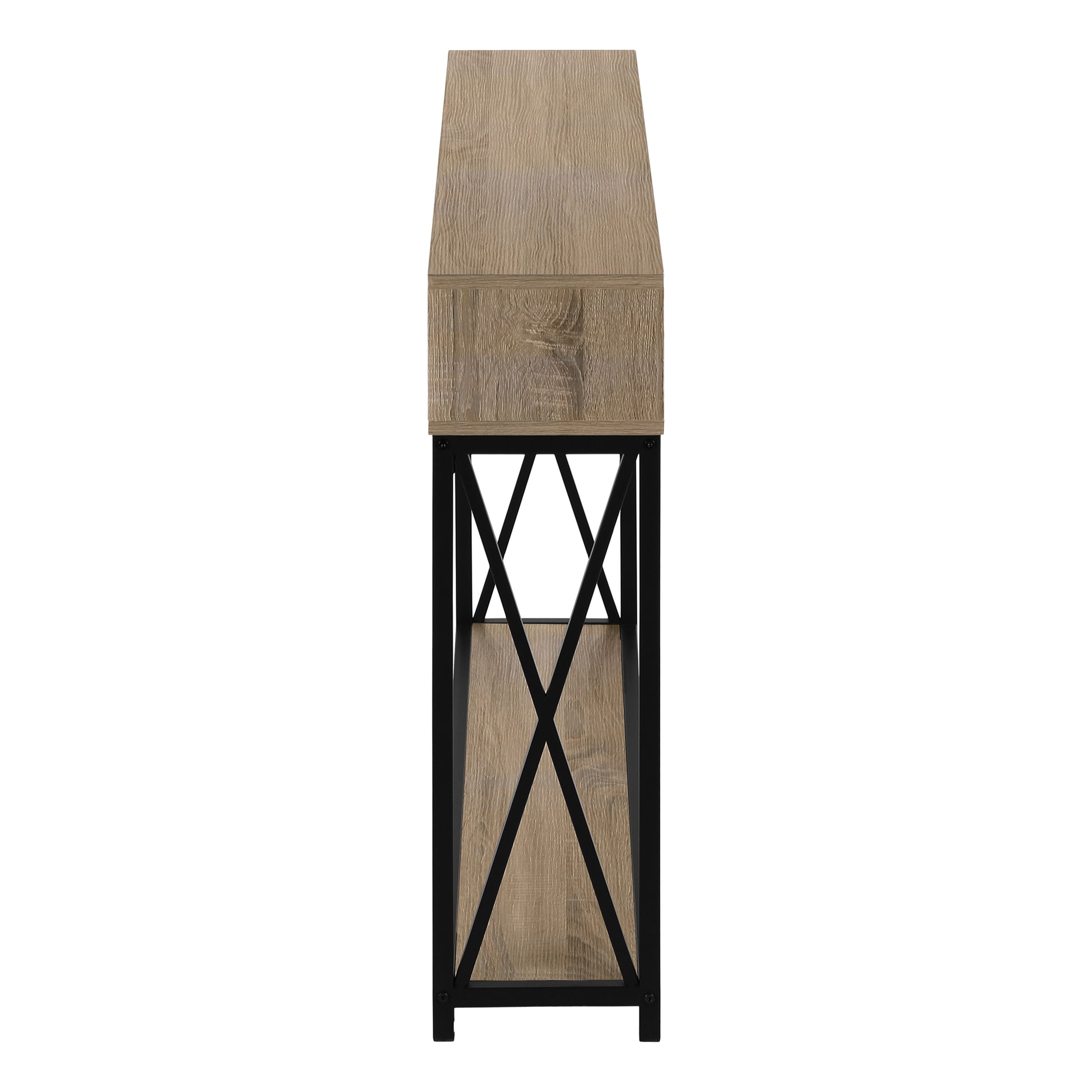 Rustic wood grain console table with black metal Xframe legs and open shelving for entryway decor
