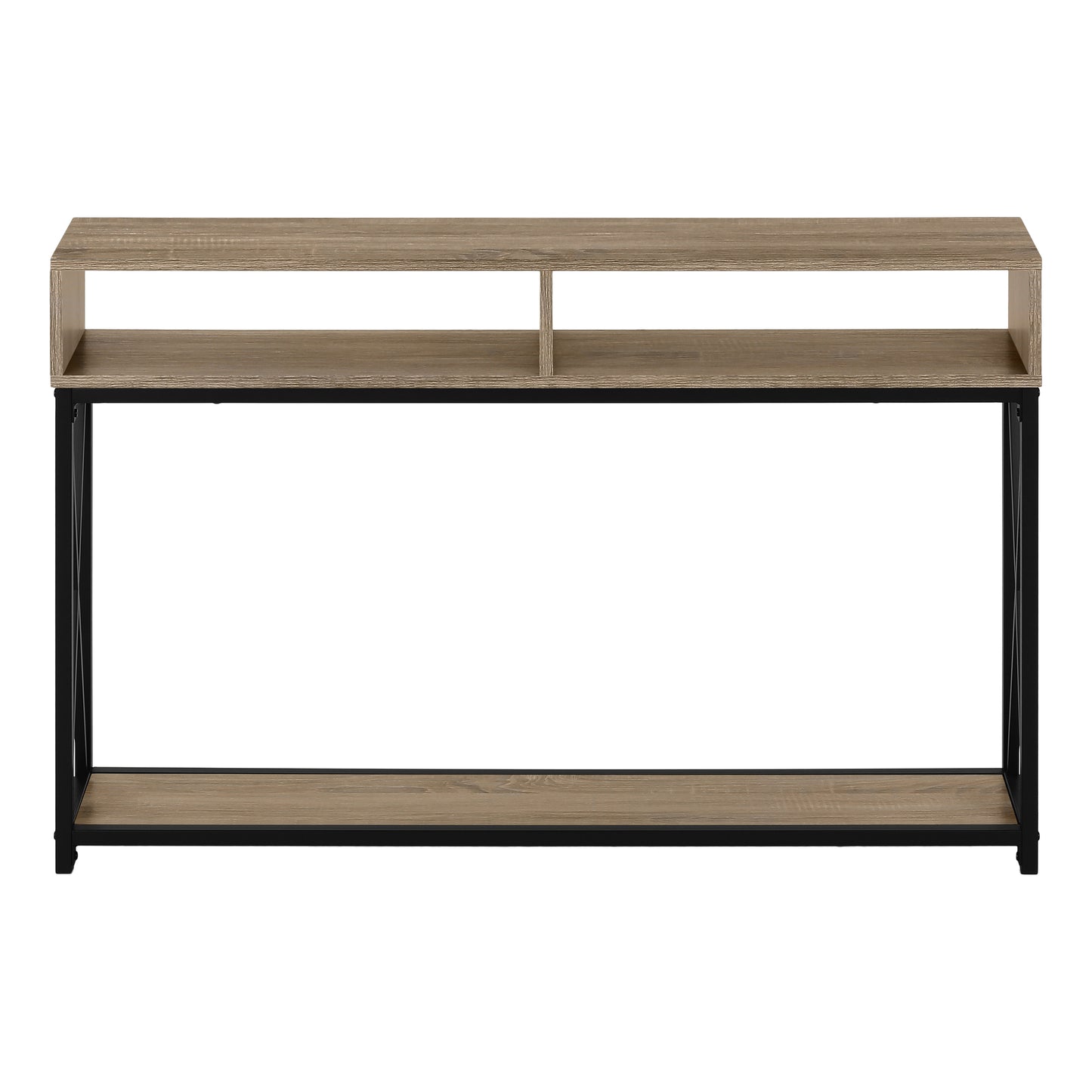 Rustic oak wood console table with black metal frame and two open shelves for entryway decor
