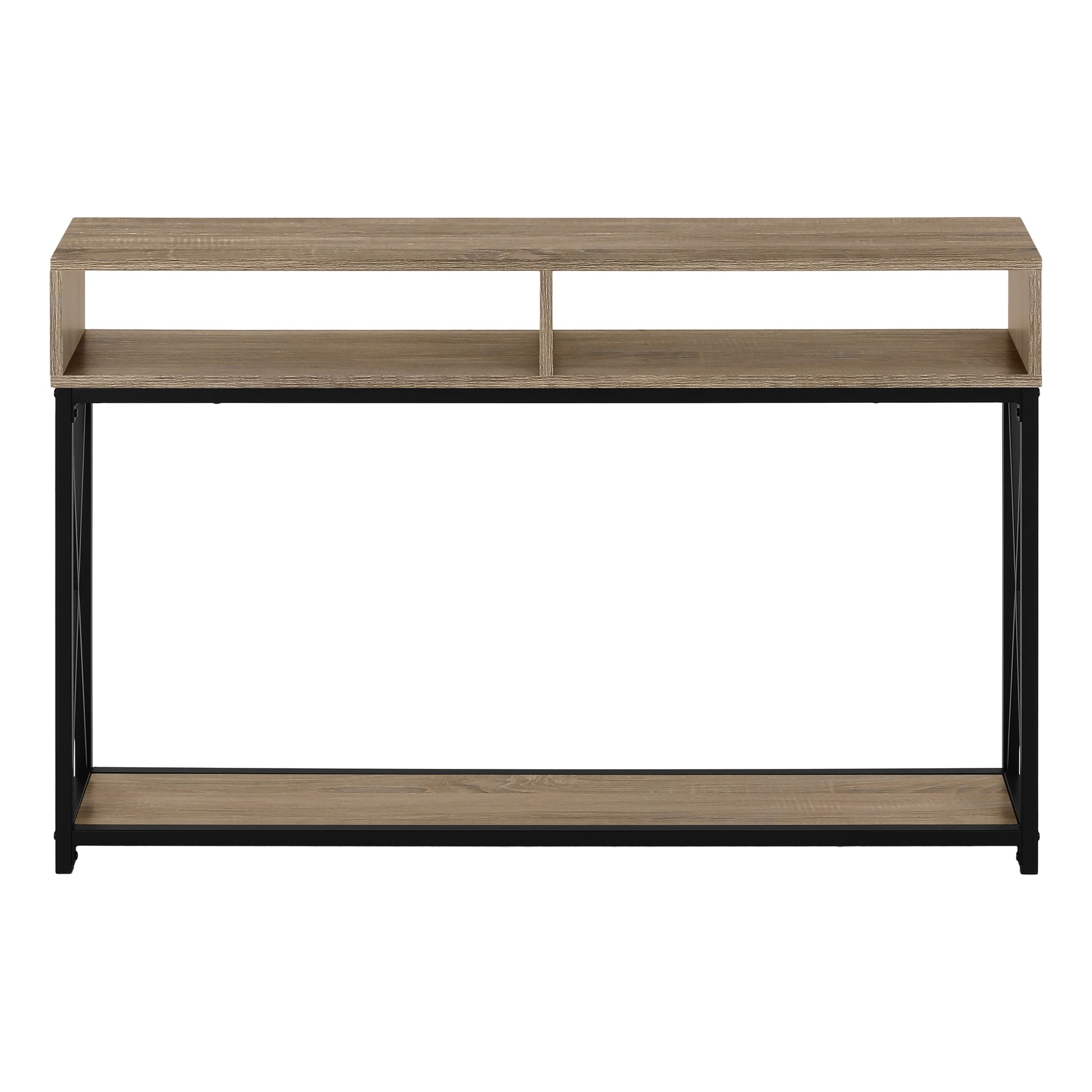 Rustic oak wood console table with black metal frame and two open shelves for entryway decor