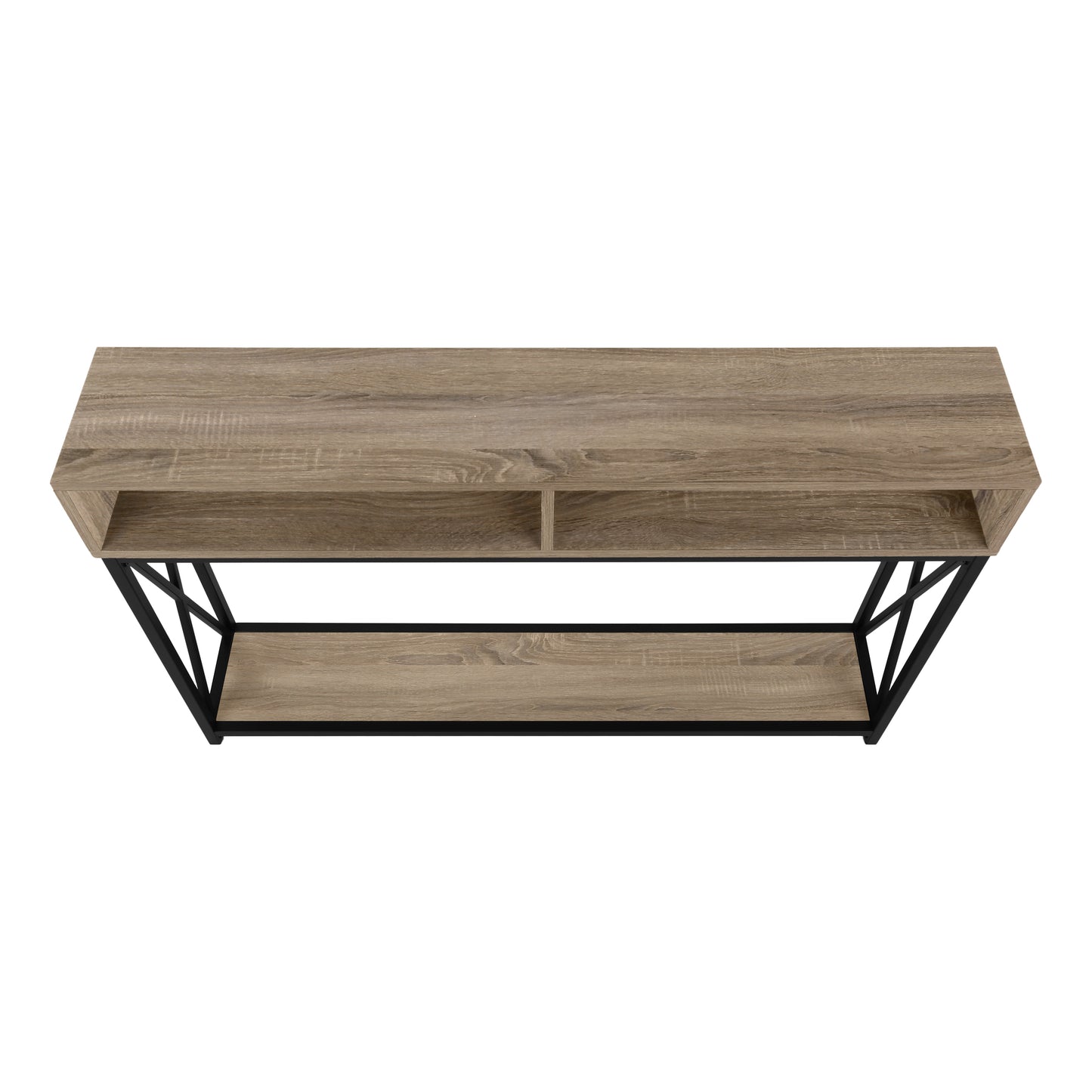 Rustic oak console table with black metal frame and two open shelves for entryway decor