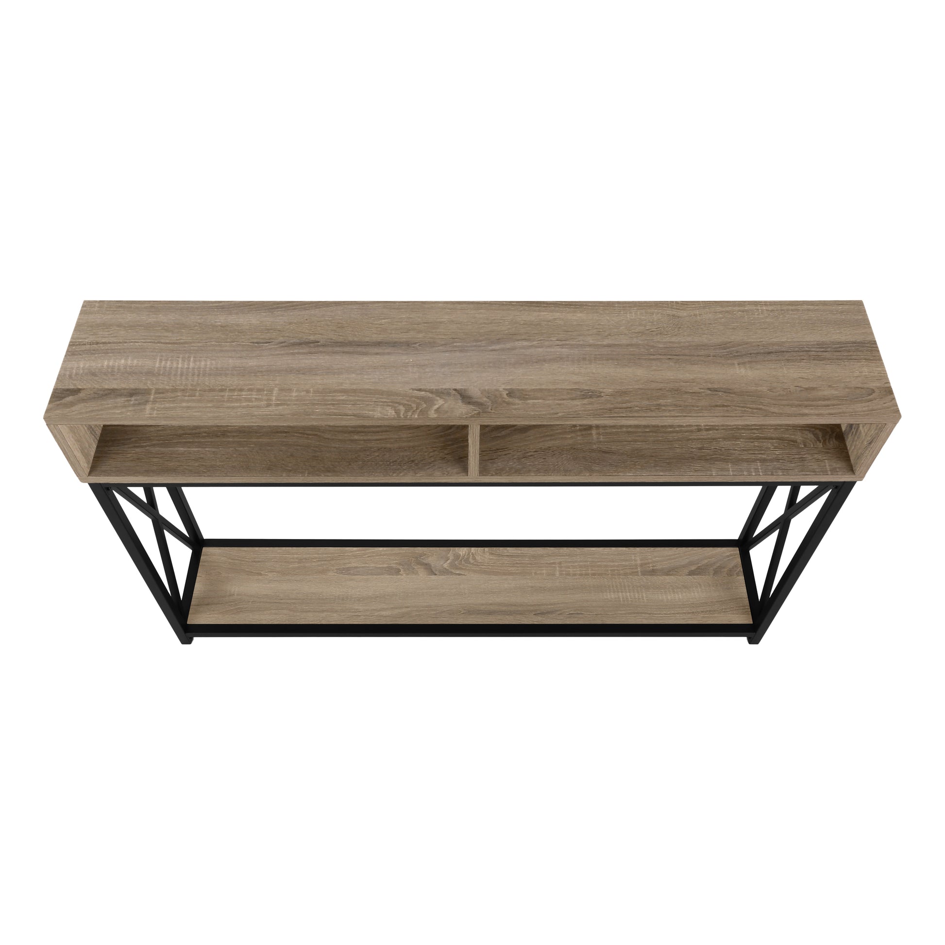 Rustic oak console table with black metal frame and two open shelves for entryway decor