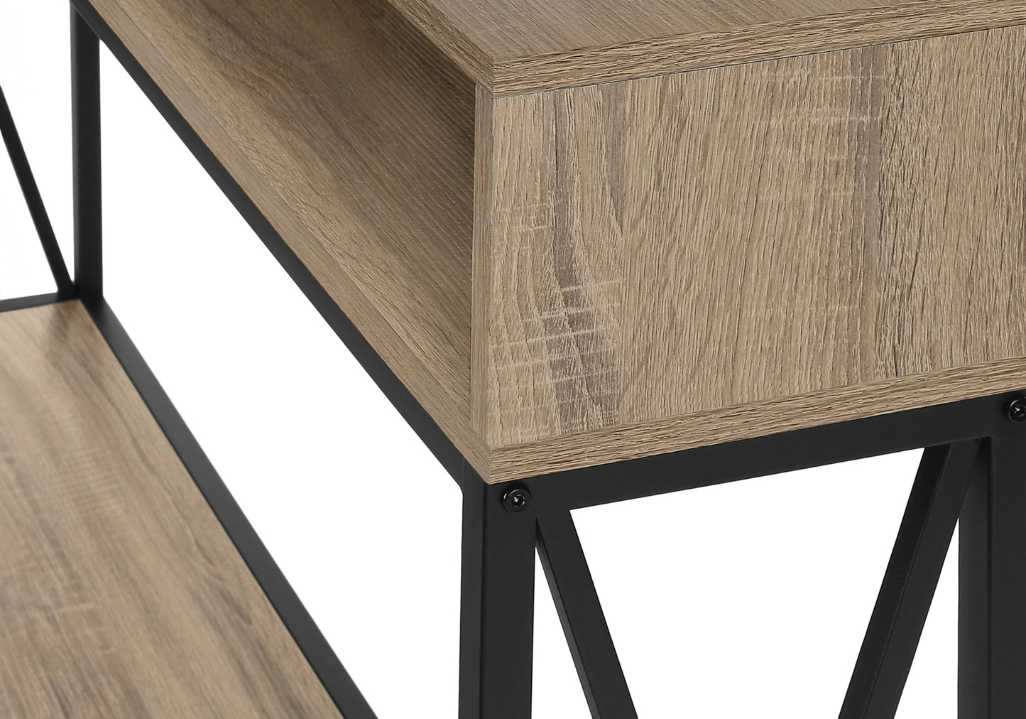 Closeup of a rustic oak shelf with black metal frame detail