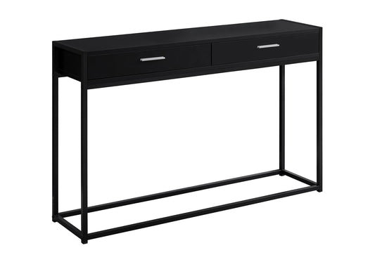 Sleek black console table with two drawers and slender metal legs perfect for hallways