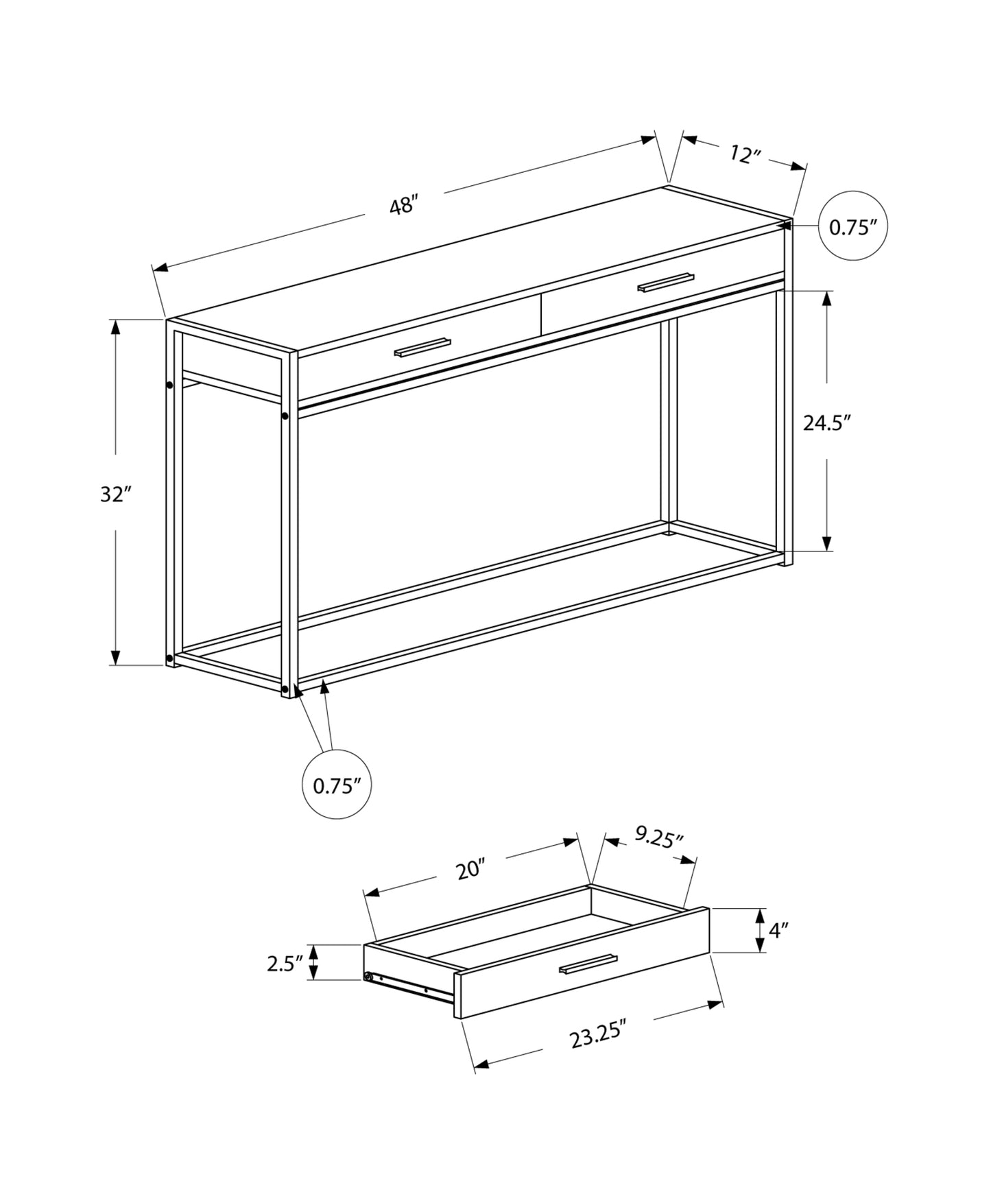 Line drawing of a modern console table  W x  D x  H with two drawers