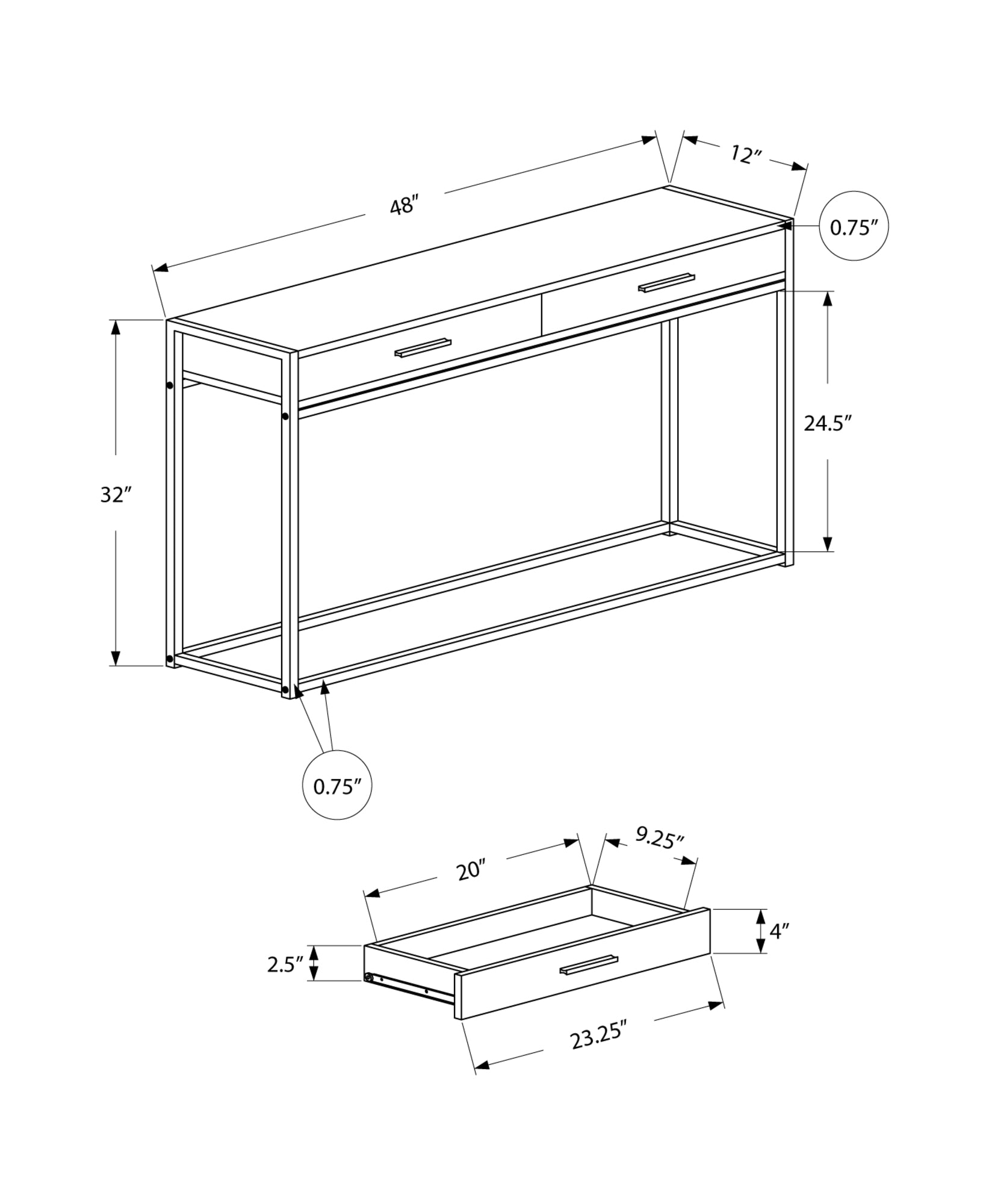 Line drawing of a modern console table  W x  D x  H with two drawers