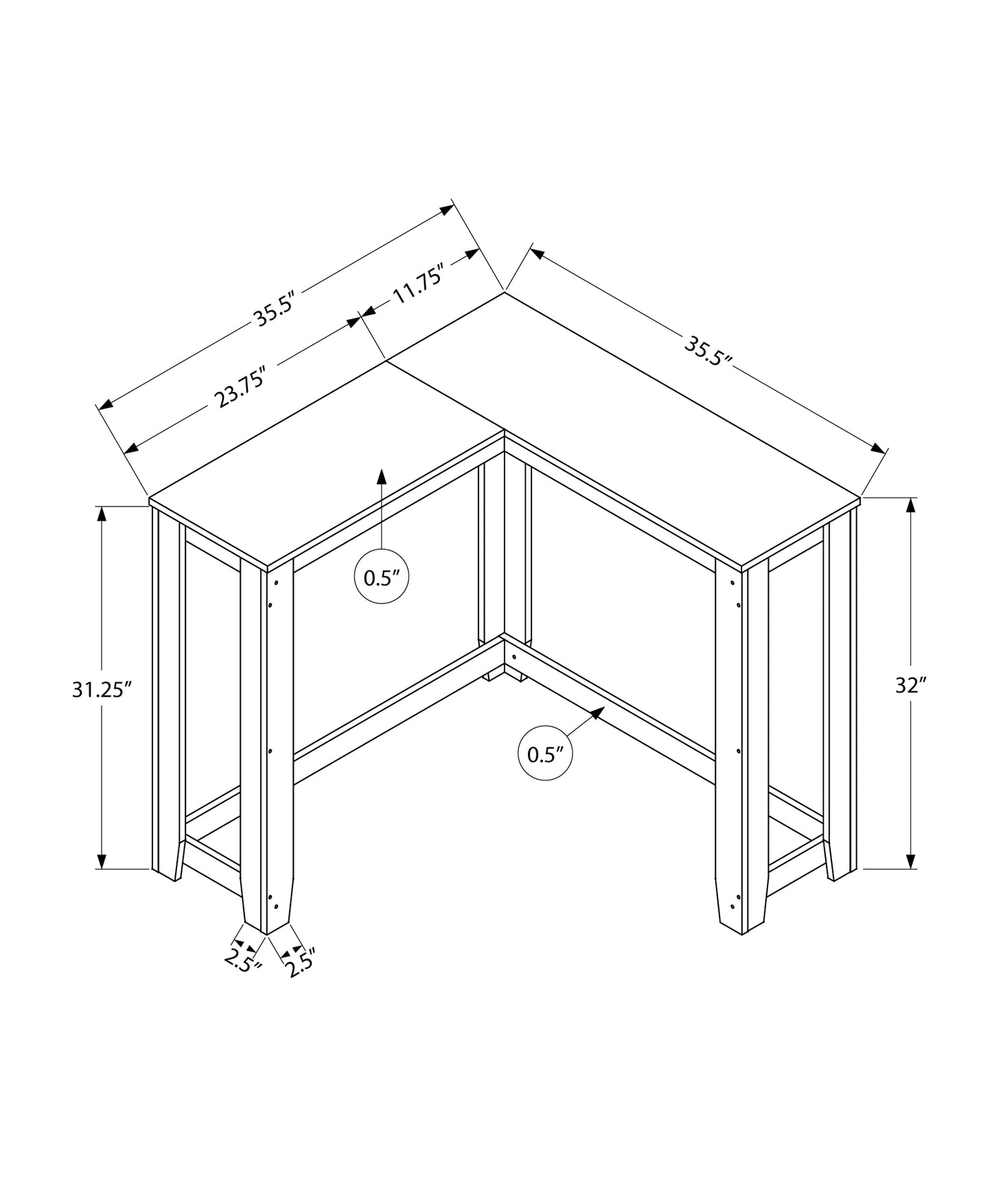 Diagram of a modern Lshaped desk  inches wide with dimensions labeled