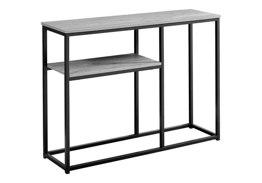 Narrow gray wood console table with black metal frame and single shelf
