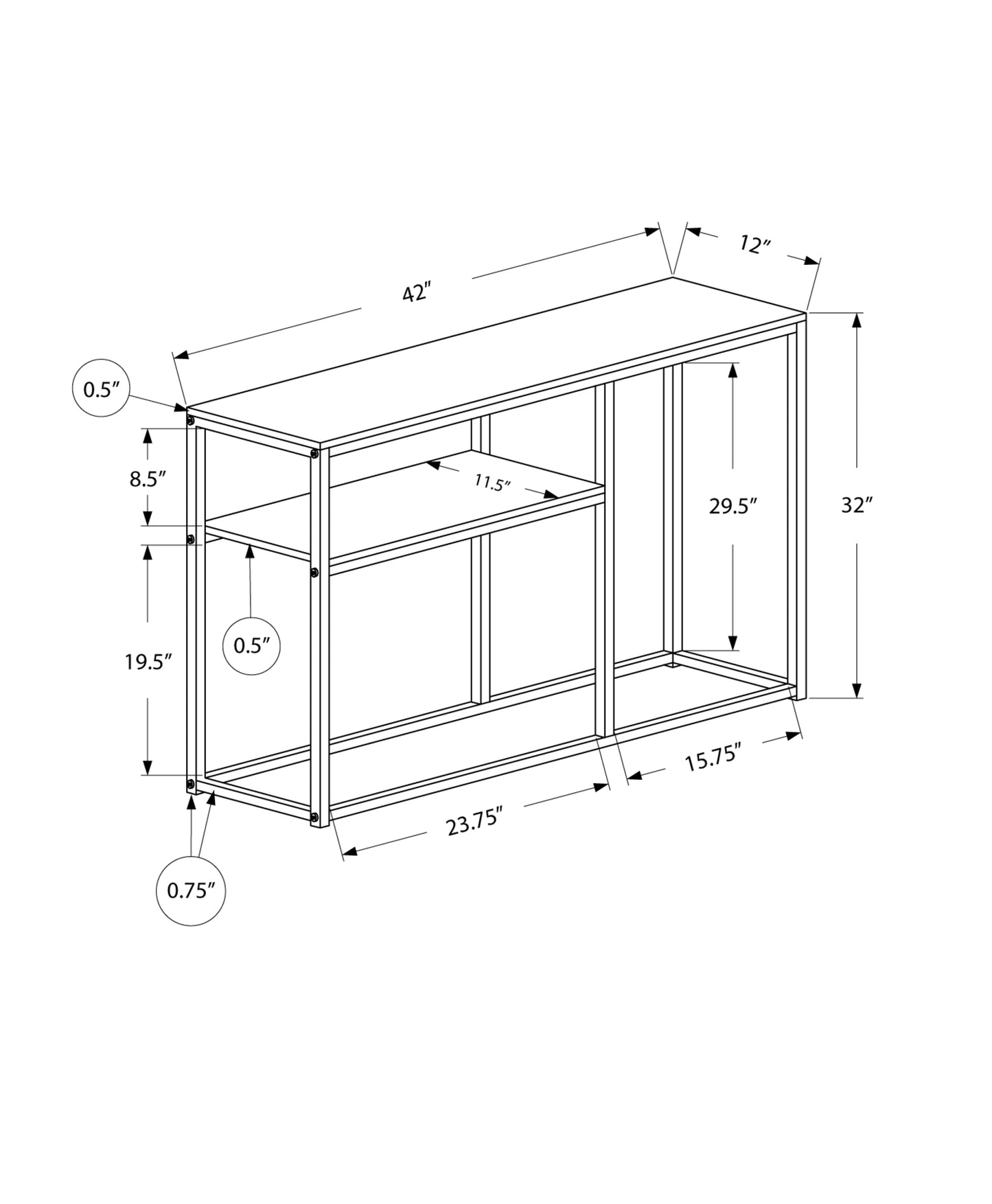 Line drawing of a modern console table  W x  D x  H with open shelving
