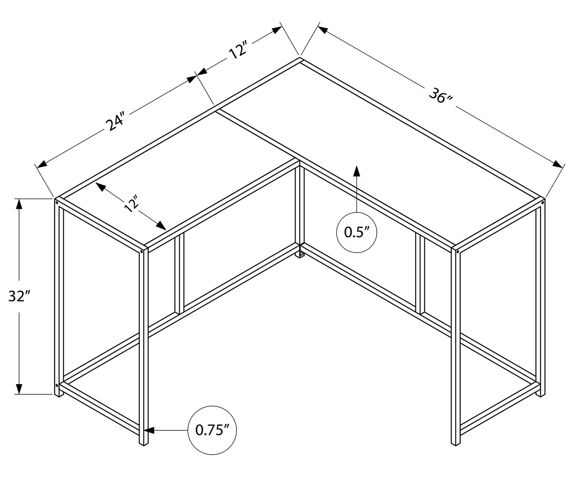 Line drawing of a Lshaped desk with dimensions xx showing overall height