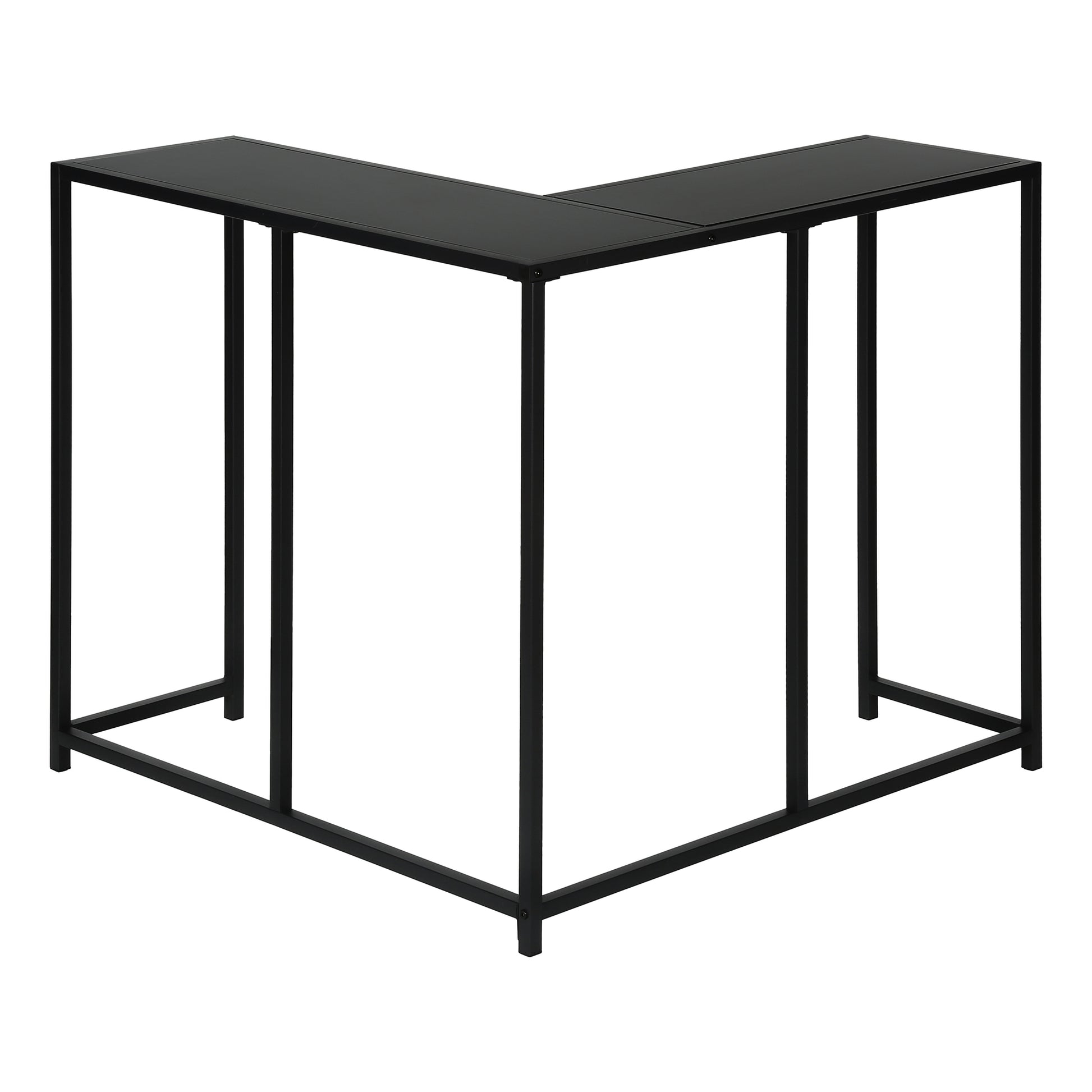 Black glass Lshaped console table with minimalist metal frame for modern interiors