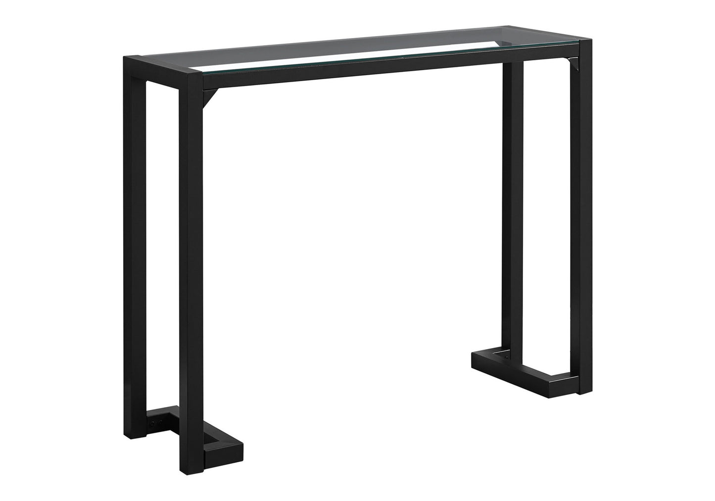 Sleek black metal console table with a clear glass top perfect for entryways or living spaces