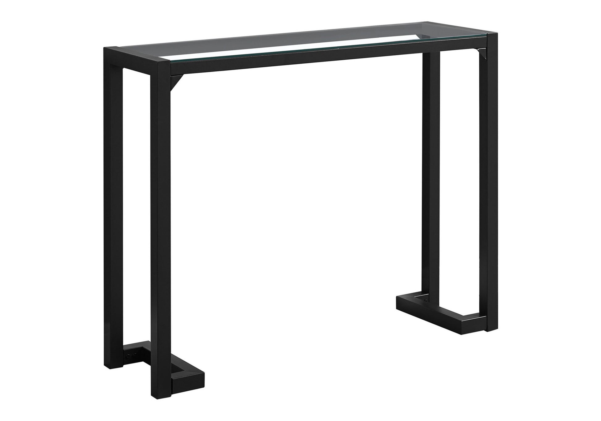 Sleek black metal console table with a clear glass top perfect for entryways or living spaces