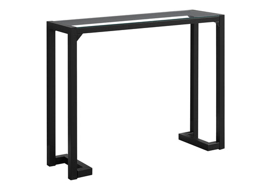 Sleek black metal console table with a clear glass top perfect for entryways or living spaces