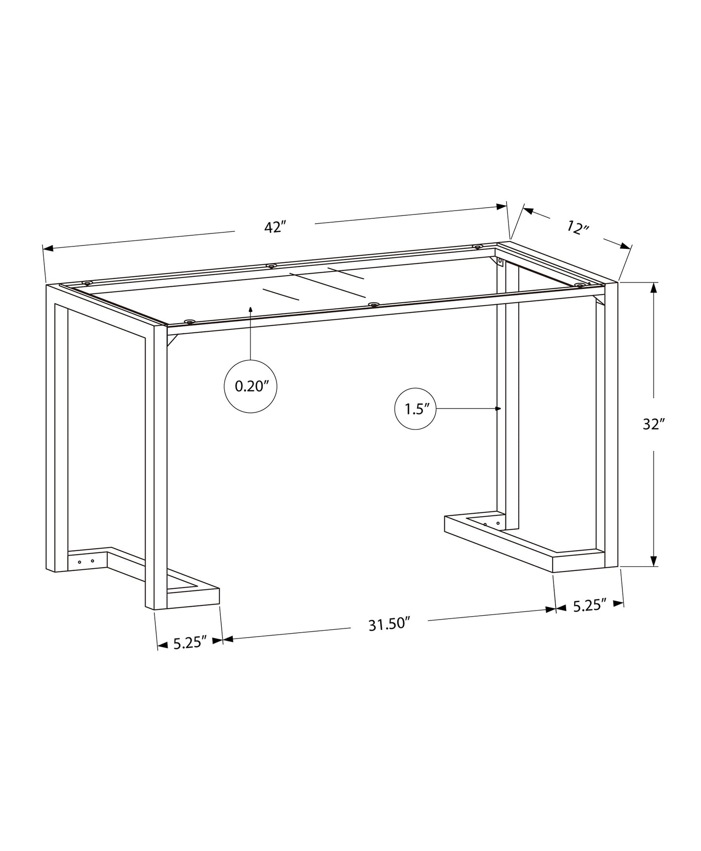 Blueprint for a  W x  D x  H metal desk frame with detailed dimensions