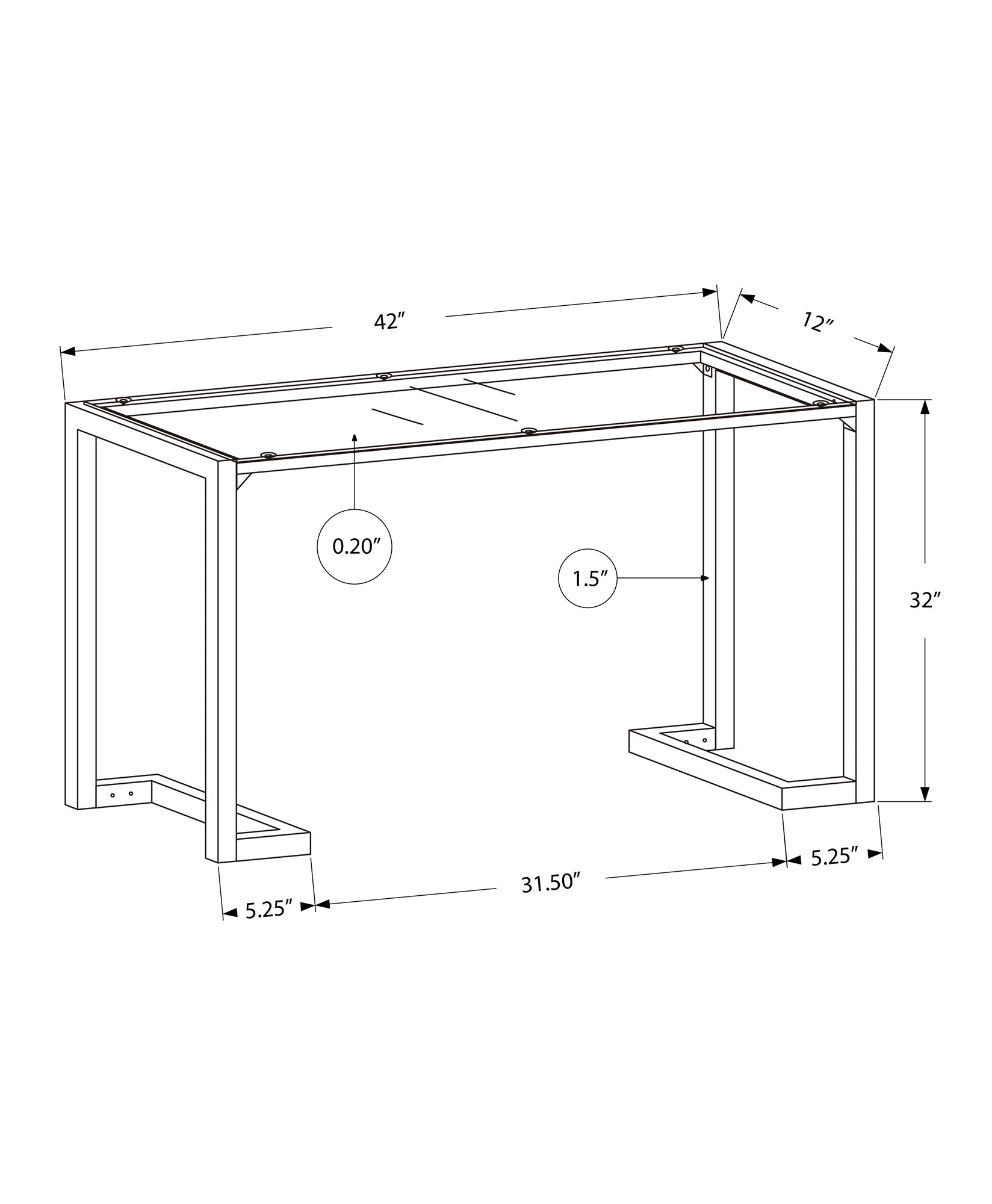 Blueprint for a  W x  D x  H metal desk frame with detailed dimensions