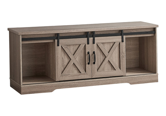 Rustic oak TV stand with sliding barn doors and black hardware