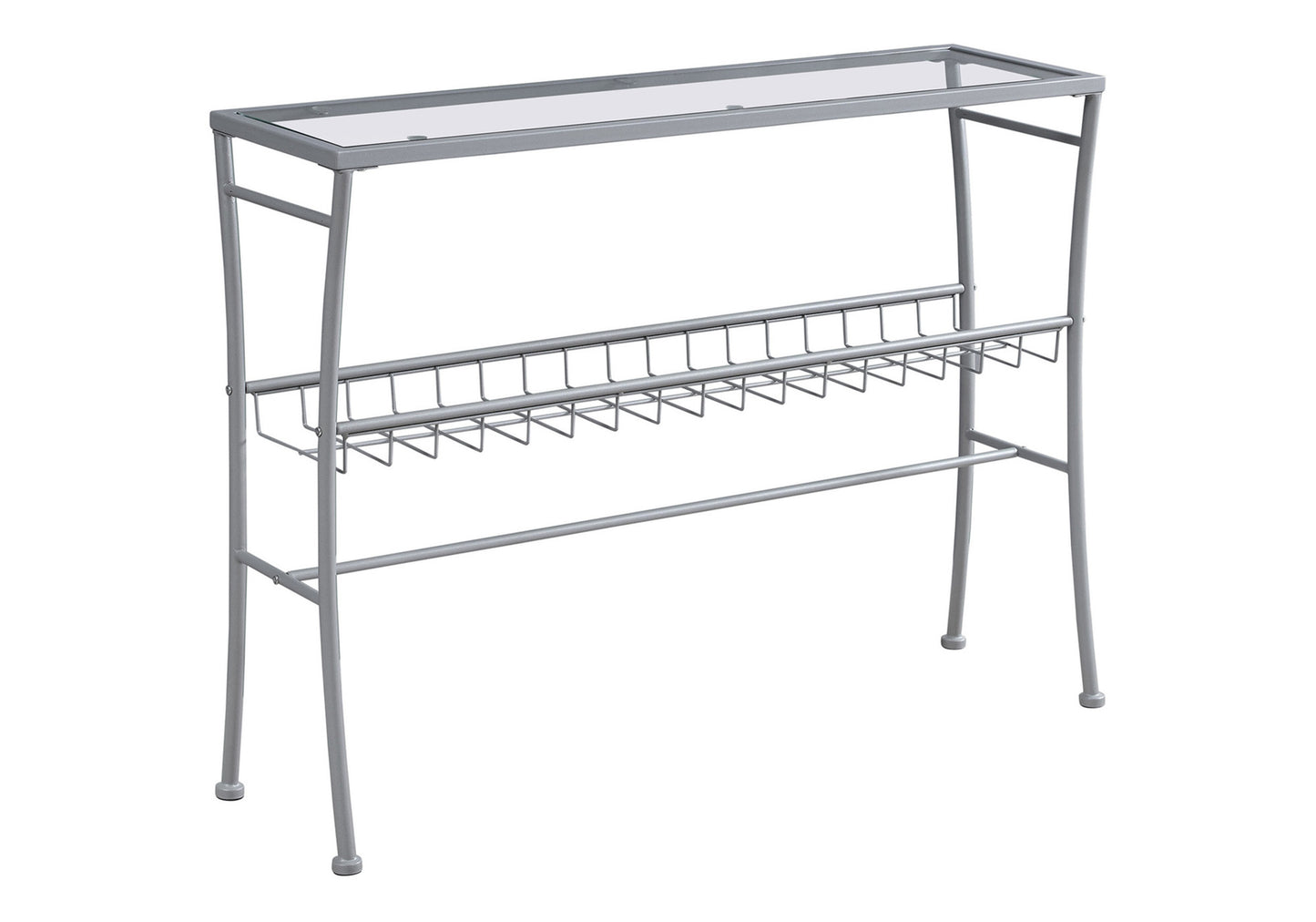 Sleek silver metal console table with glass top and two wire shelves