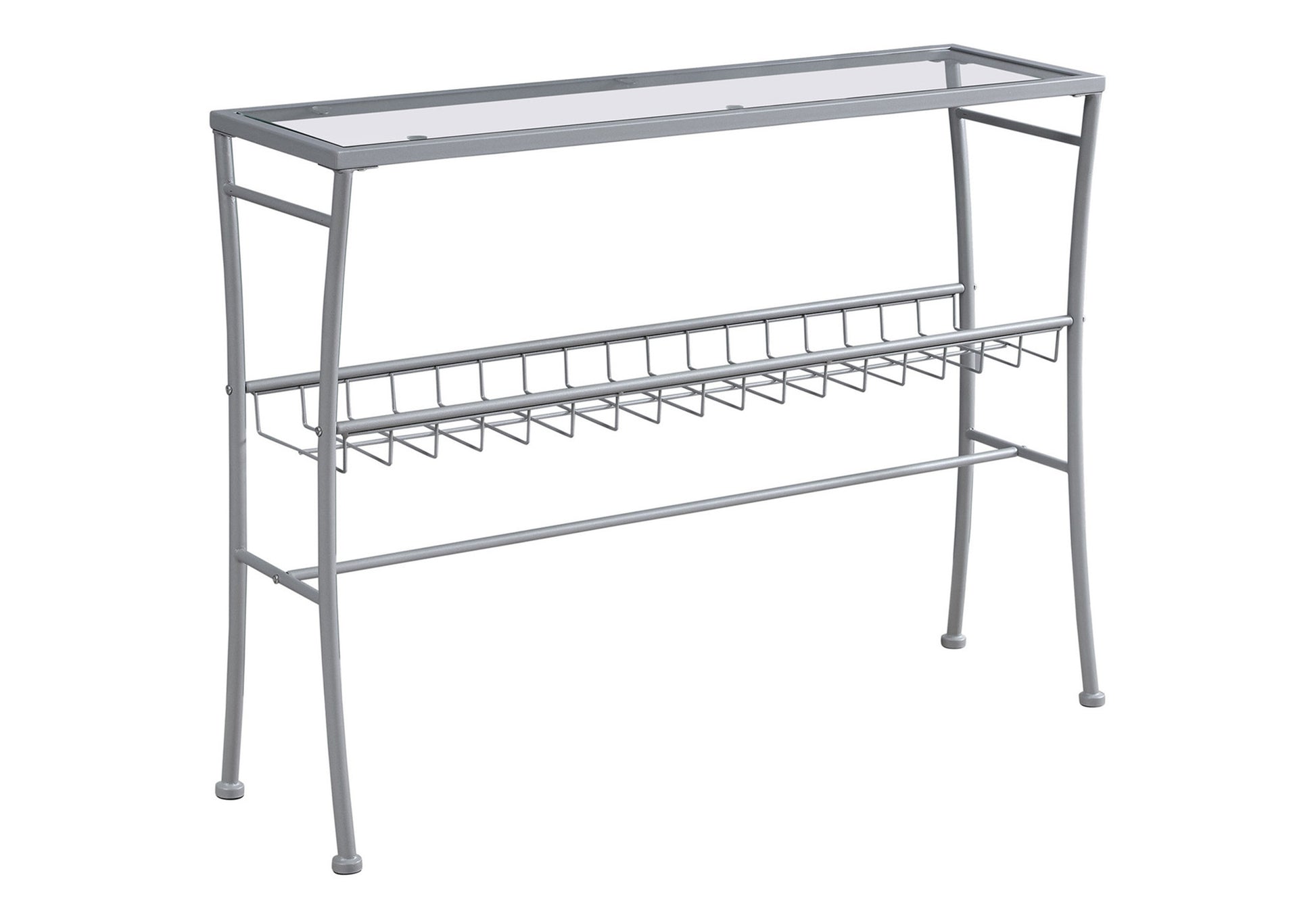 Sleek silver metal console table with glass top and two wire shelves