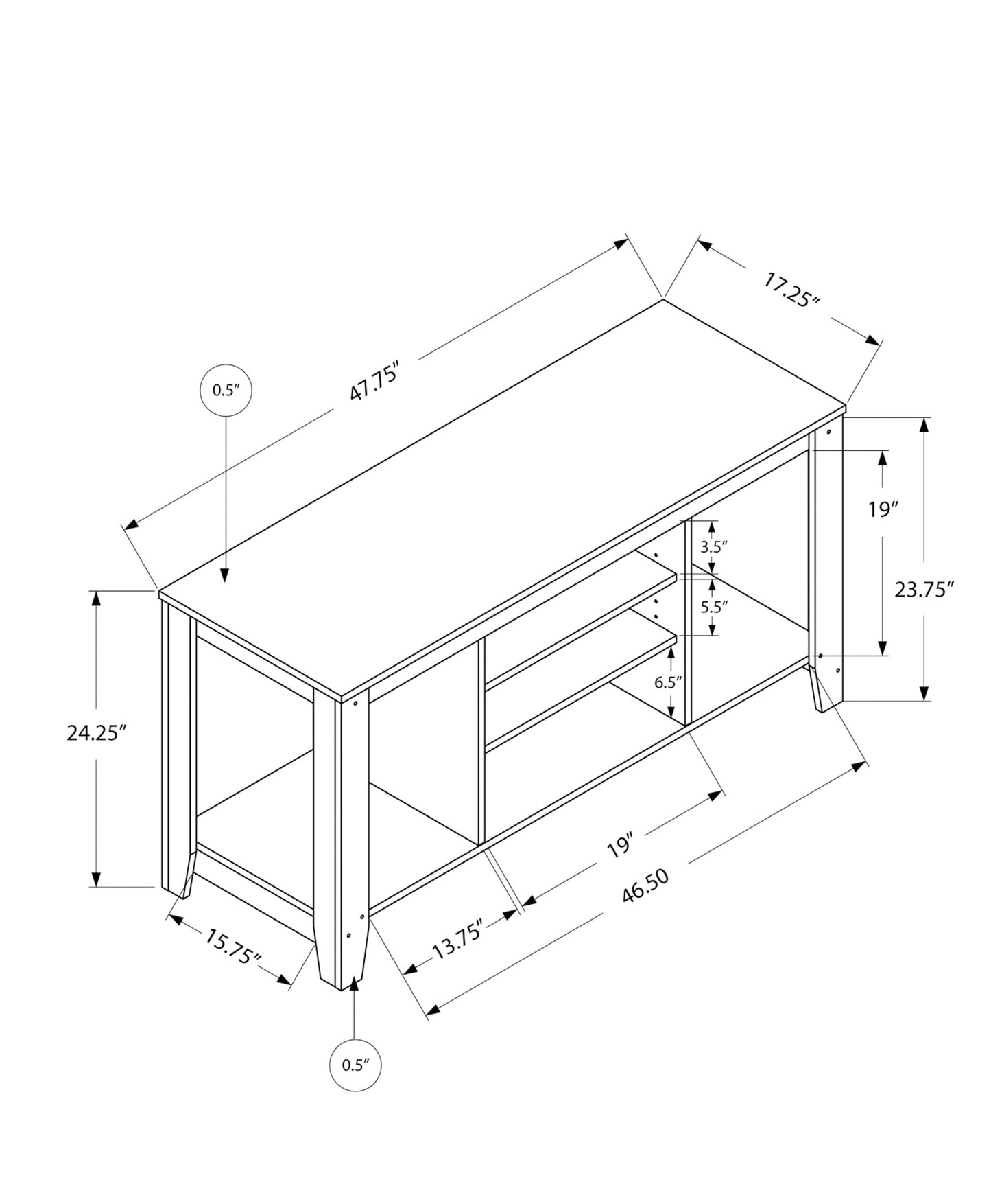 Technical drawing of a media console showing dimensions  W x  D x  H