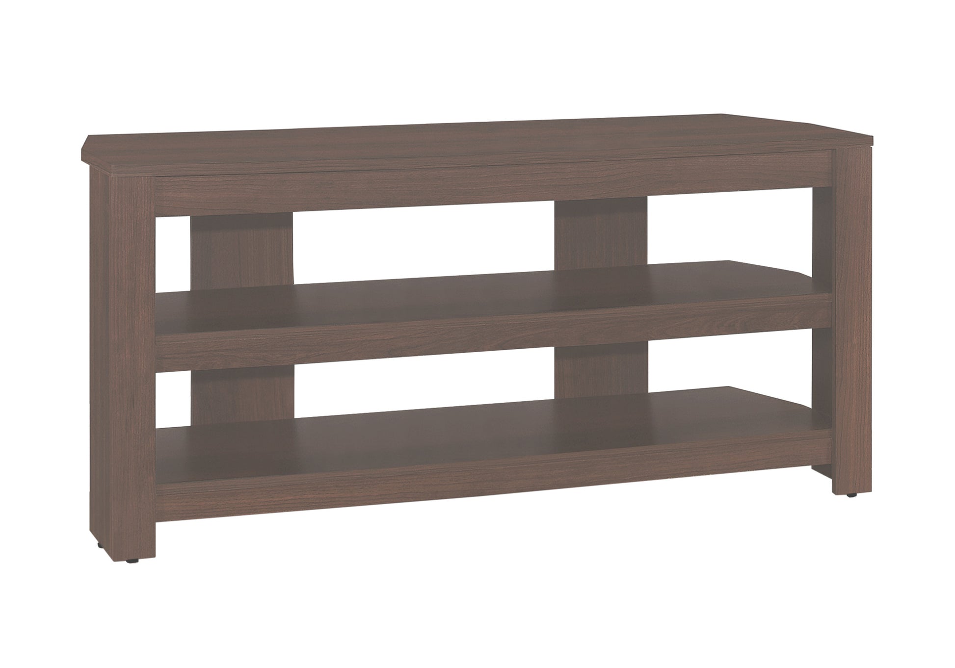 Dark wood media console with open shelves for electronics