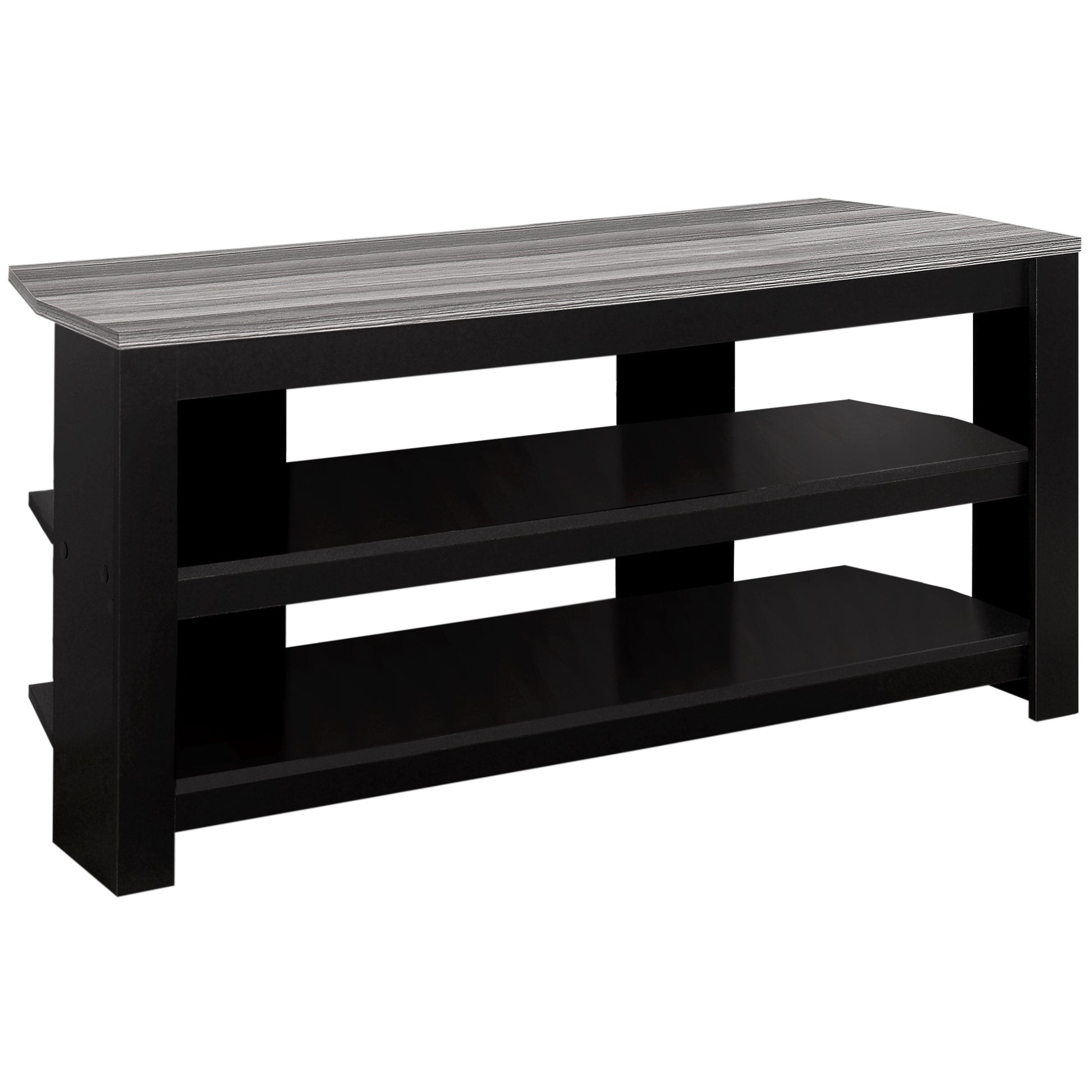 Black media console with gray wood grain top and three open shelves