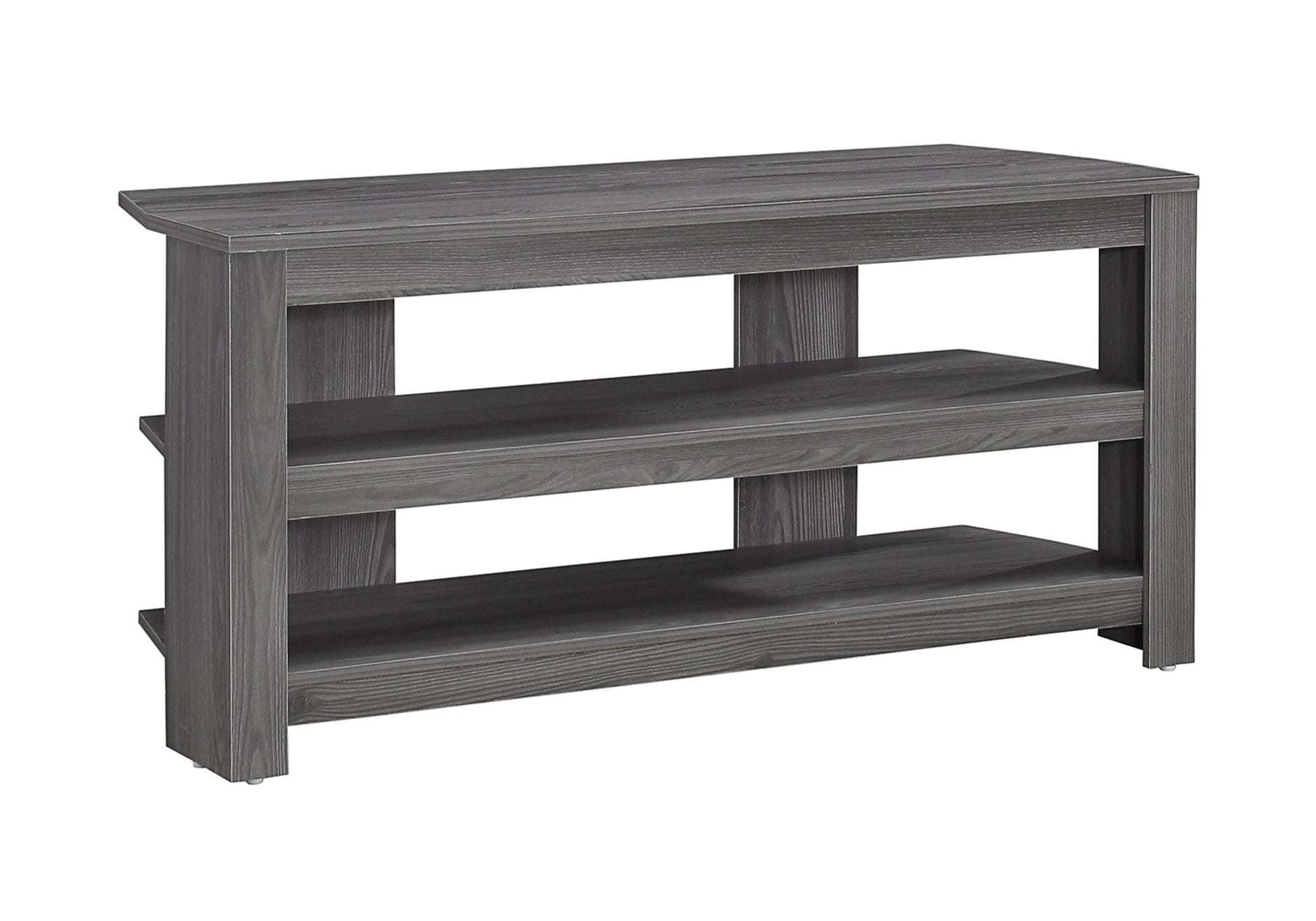 Gray wood media console with two open shelves and modern design