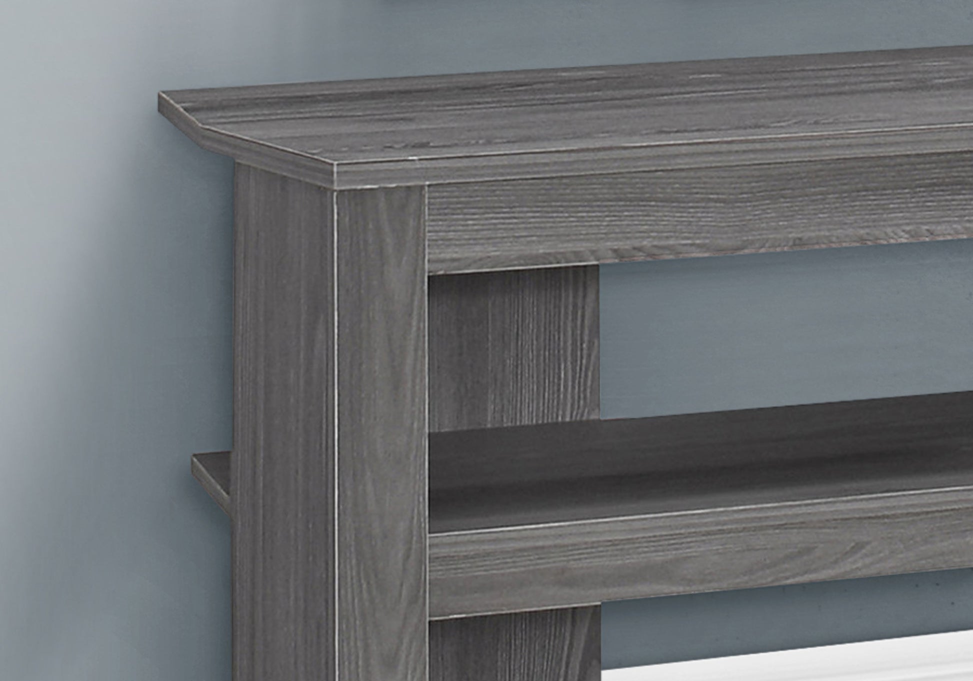Dark gray wood grain entryway table with two shelves