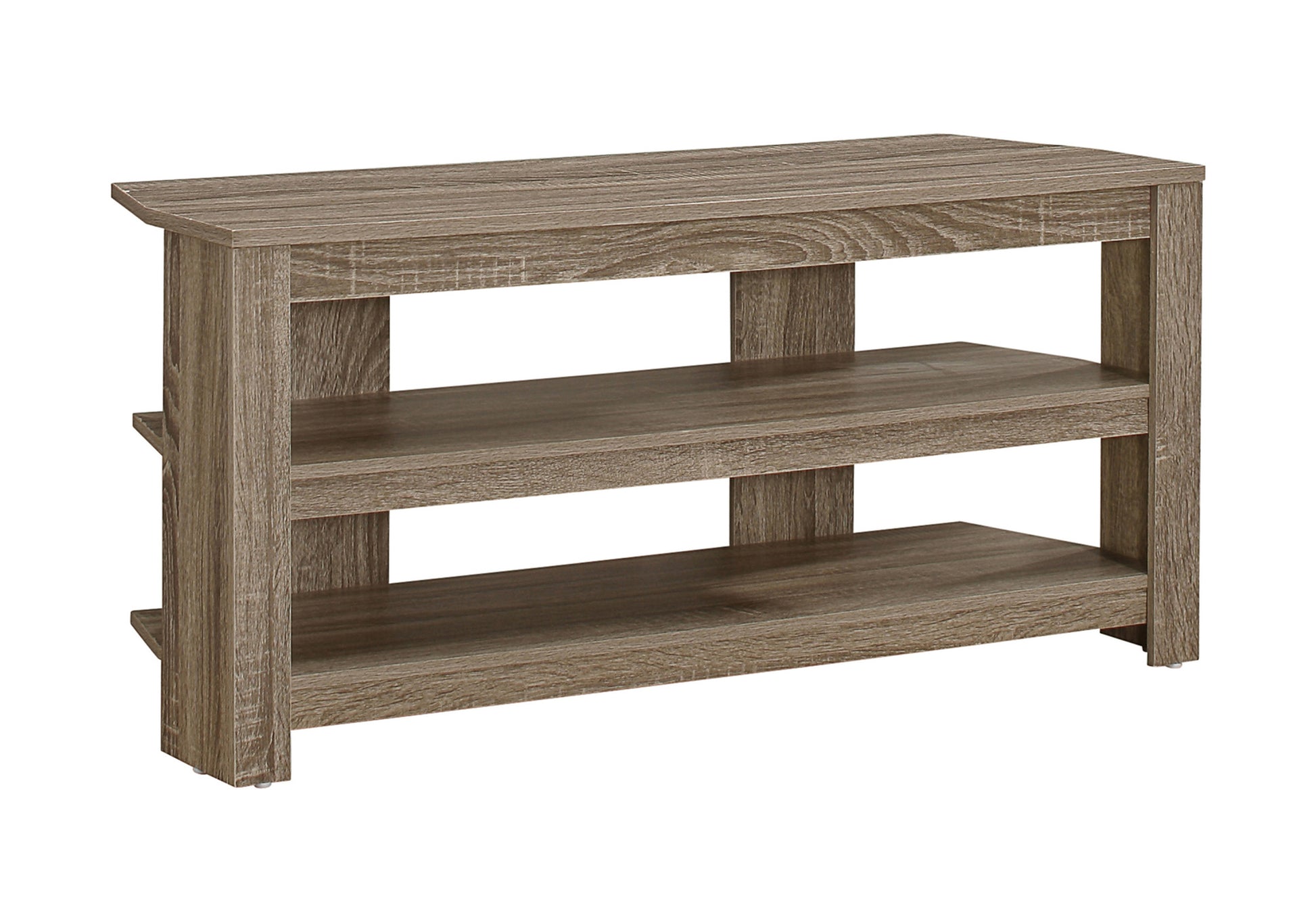 Rustic wood entryway bench with two shelves for shoe storage