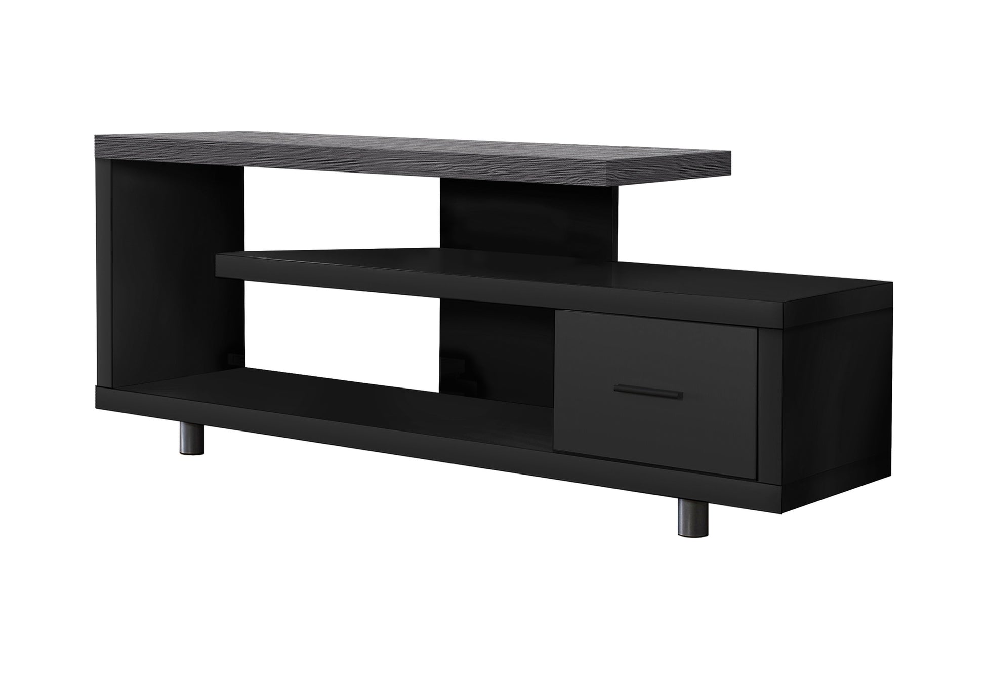 Modern black media console with open shelves and one drawer