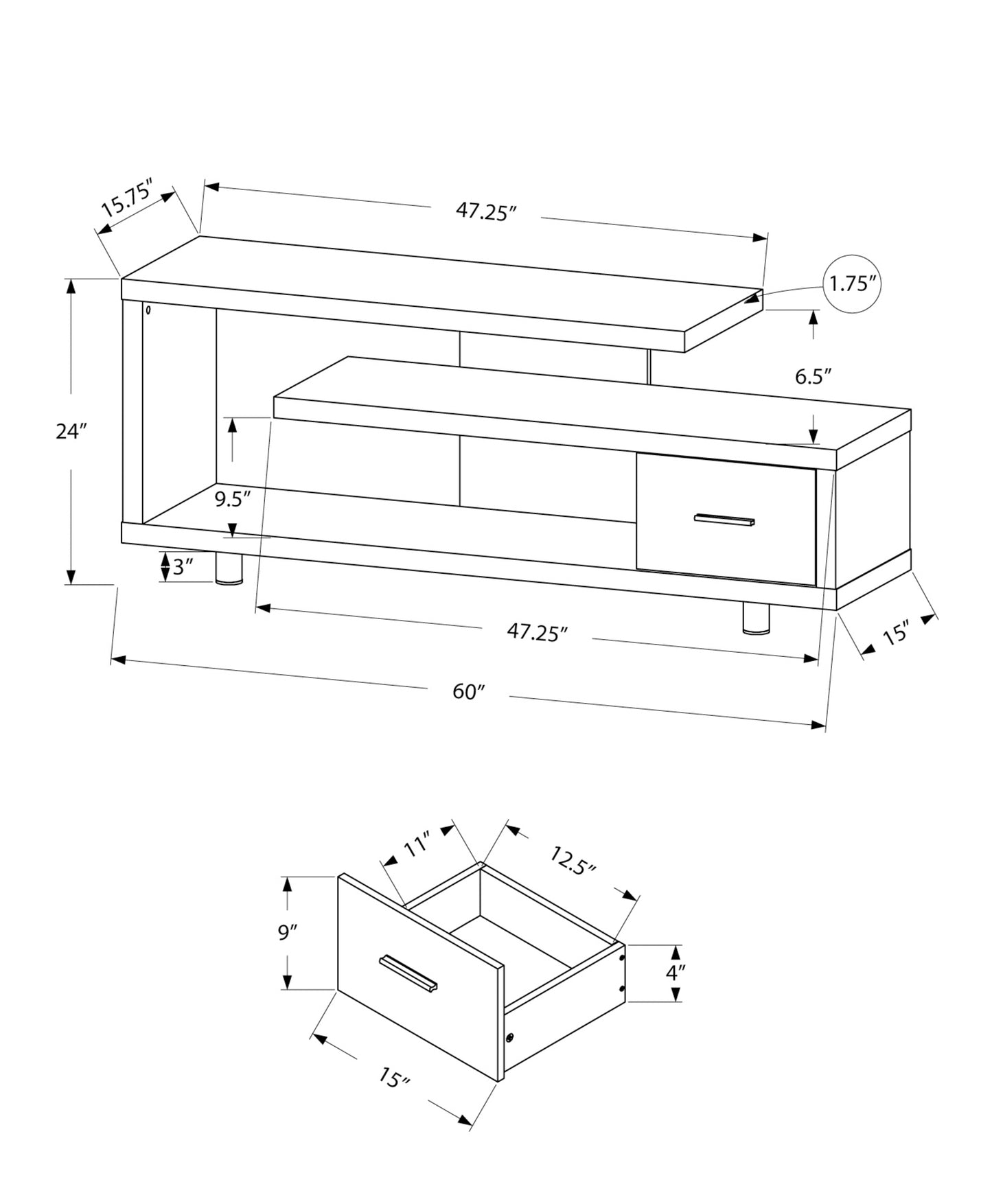 Diagram of a modern entertainment center with dimensions  L x  D x  H